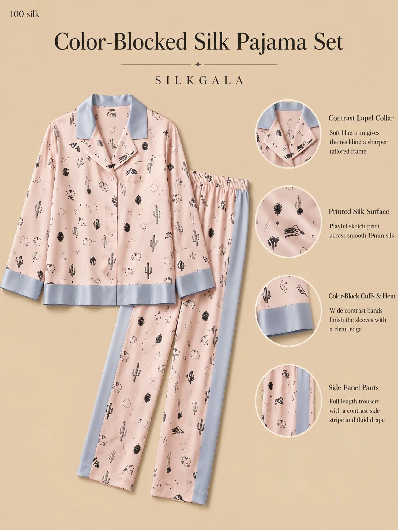Silkgala 19mm color-blocked silk pajama set flat lay in pink with printed silk, contrast lapel collar, wide cuffs, side-panel pants, and full-length trousers on beige background.