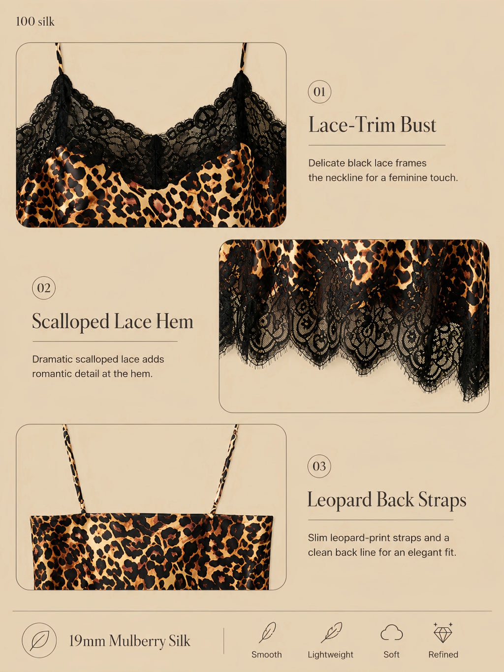 19mm leopard silk nightgown detail graphic with black lace bust, scalloped lace hem, and back straps