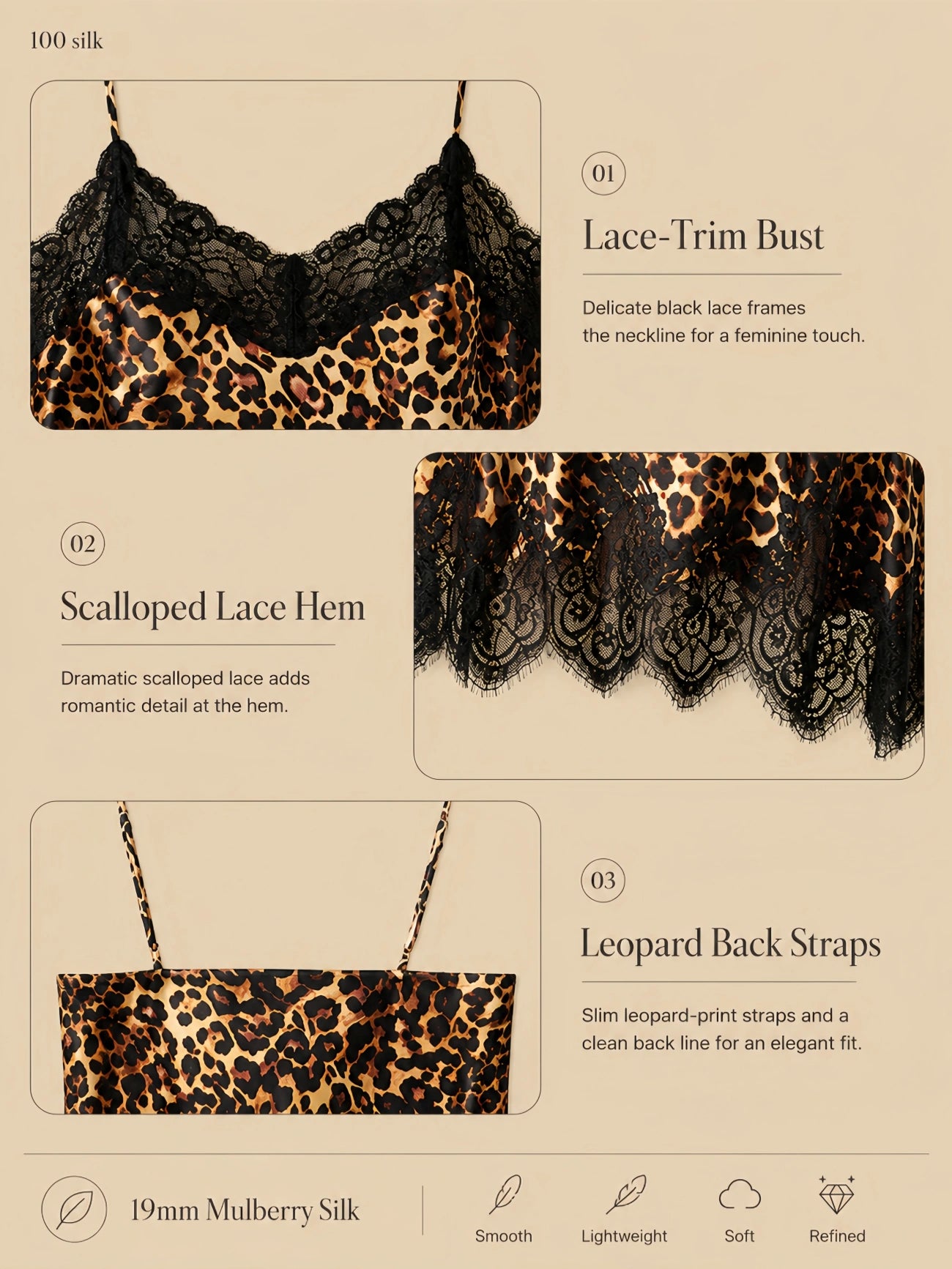 19mm leopard silk nightgown detail graphic with black lace bust, scalloped lace hem, and back straps