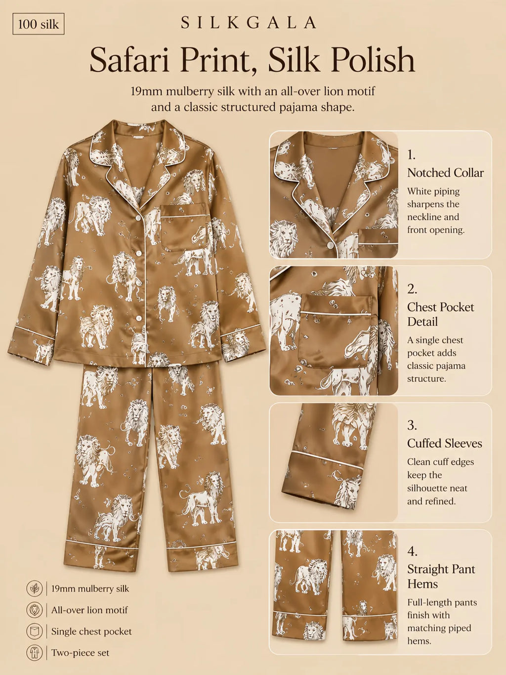 Flat-lay detail image of Silkgala 19mm mulberry silk lion print pajamas in earthy yellow, featuring an all-over safari lion motif, notched collar, chest pocket, cuffed sleeves, and straight-leg pants.