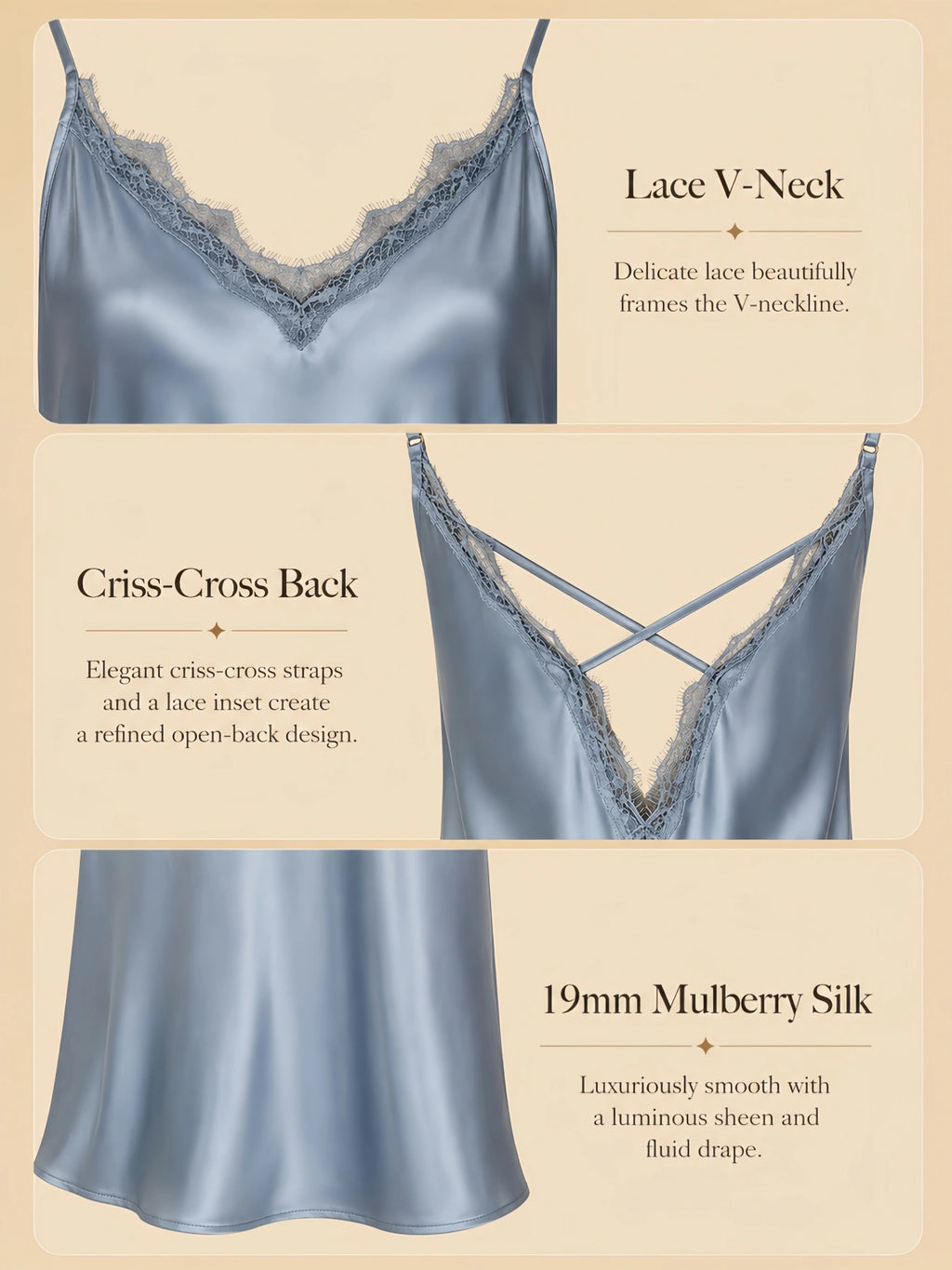 19mm silk slip dress with lace V-neck, criss-cross back straps, and smooth silk drape