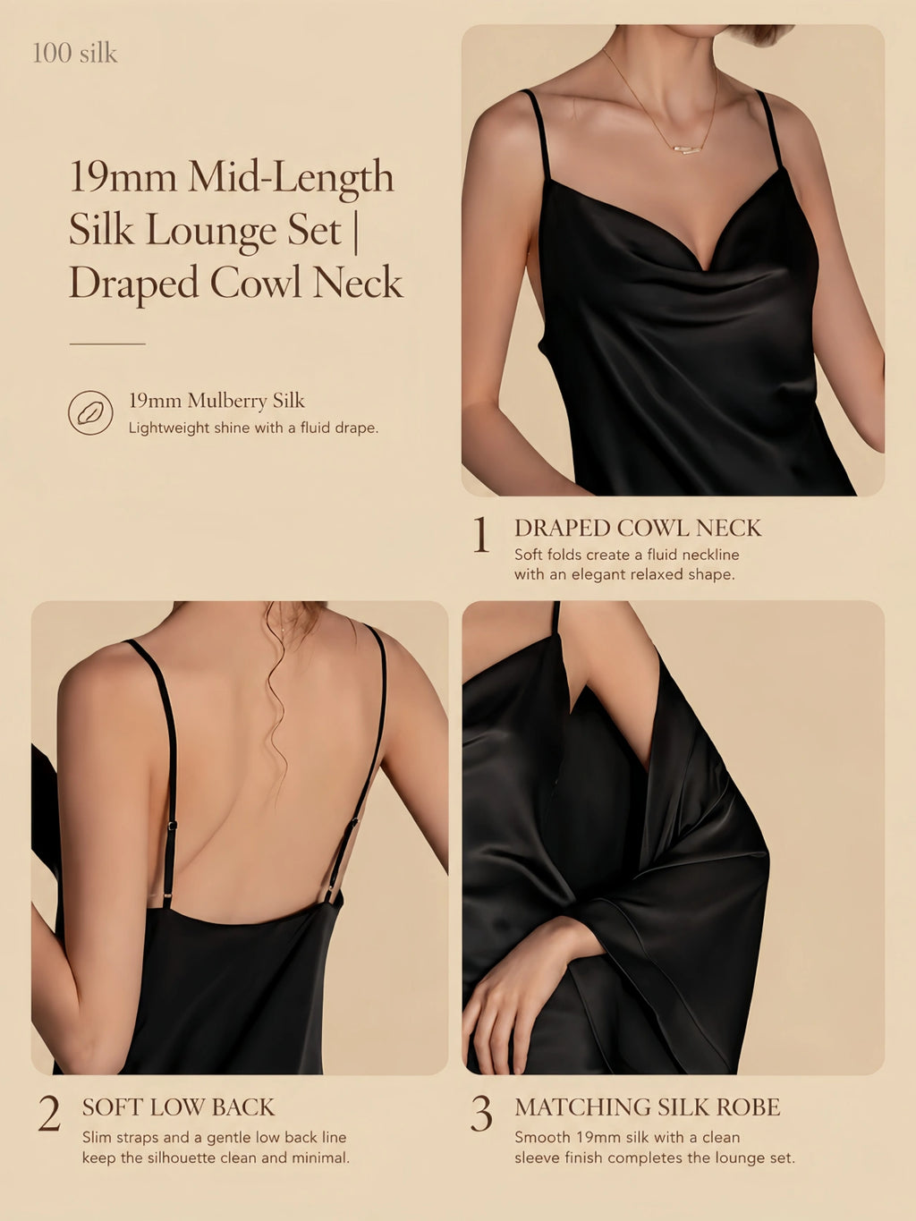 19mm black silk lounge set with draped cowl neck slip, soft low back, adjustable straps, and matching robe
