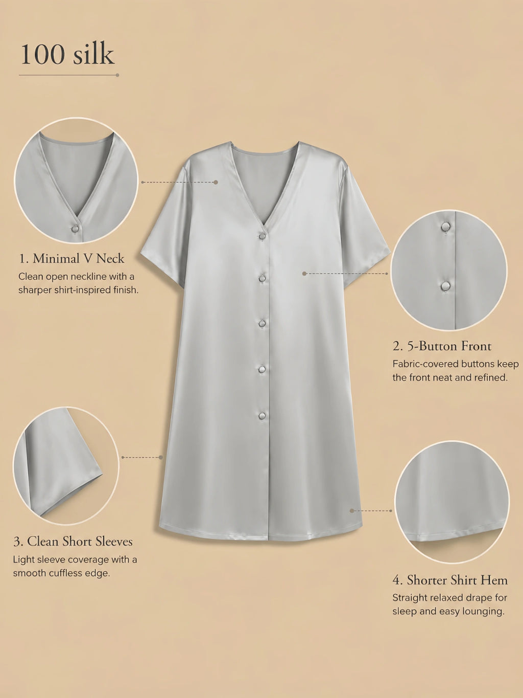 Silkgala 19mm 100% mulberry silk minimalist sleepshirt detail image showing a clean V neckline, 5-button front placket, short sleeves, shorter shirt hem, and relaxed straight drape.