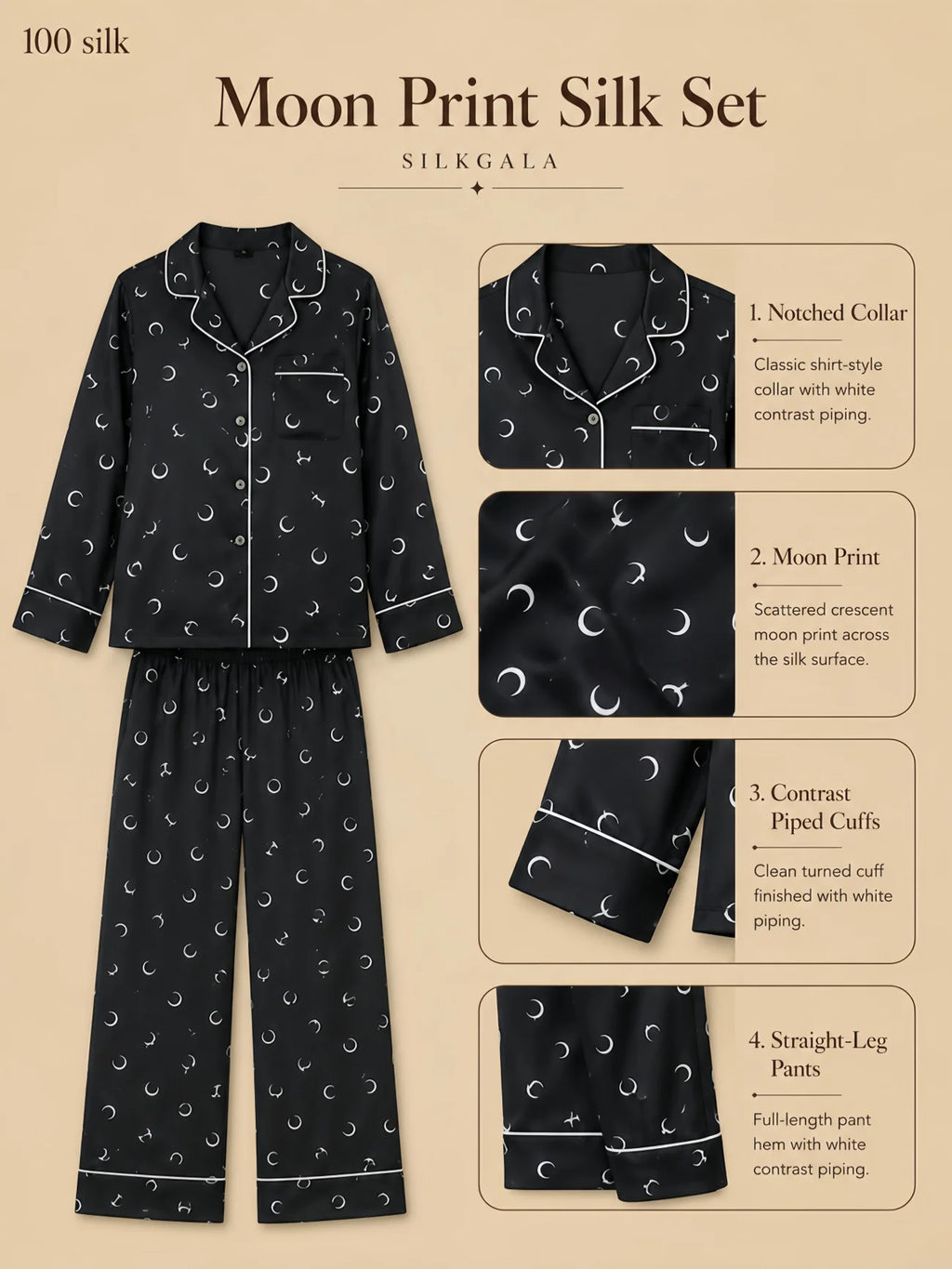 Silkgala 19mm moon print silk pajama set flat lay in black with crescent moon print, notched collar, white contrast piping, long sleeves, and straight-leg full-length pants on beige background.