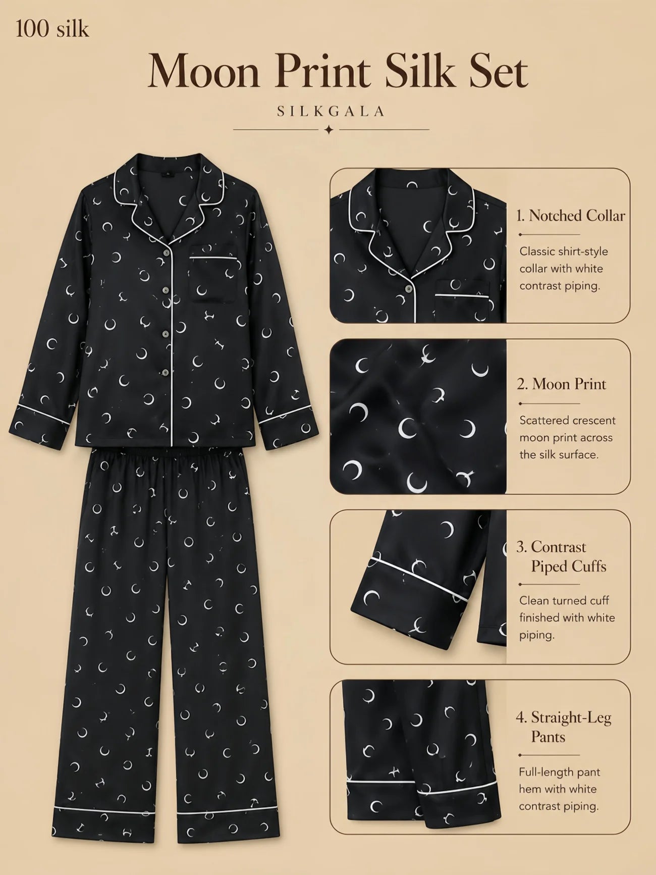 Silkgala 19mm moon print silk pajama set flat lay in black with crescent moon print, notched collar, white contrast piping, long sleeves, and straight-leg full-length pants on beige background.