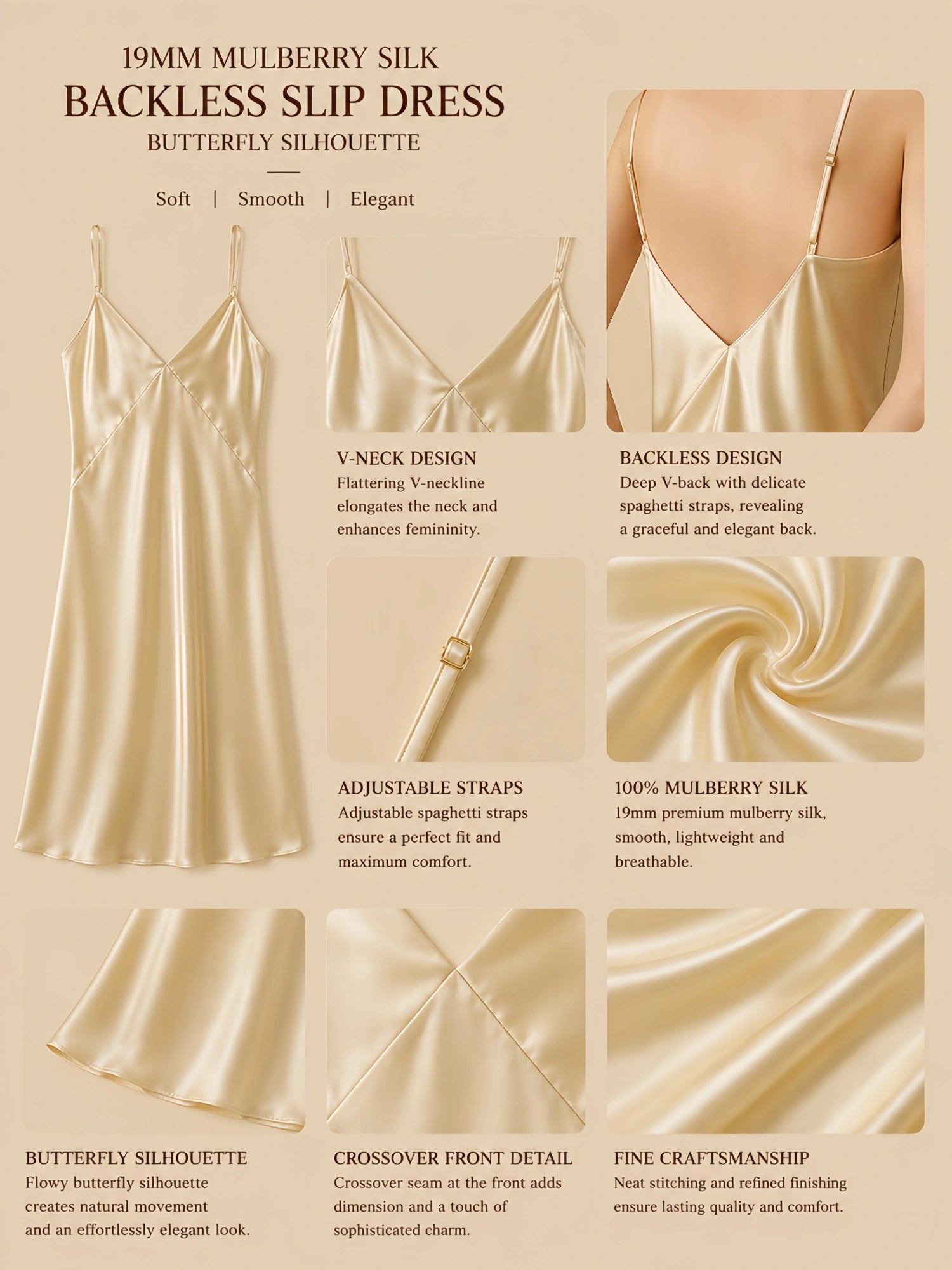 19mm champagne mulberry silk backless slip dress with V-neck front, adjustable straps, and butterfly silhouette