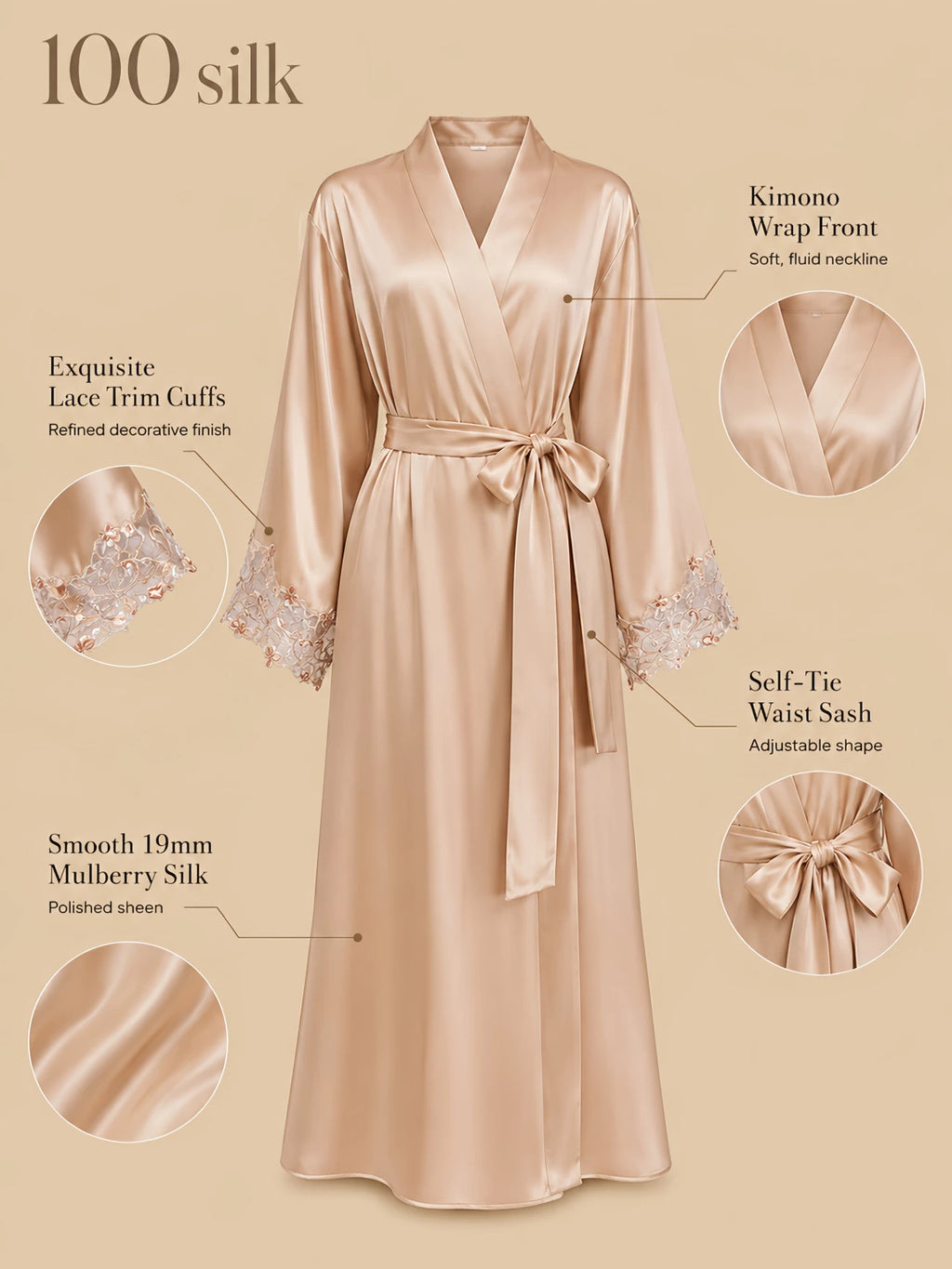 Silkgala 19mm 100% mulberry silk kimono robe detail image showing a wrap-front neckline, self-tie waist sash, exquisite lace-trim cuffs, long robe silhouette, and smooth silk drape.