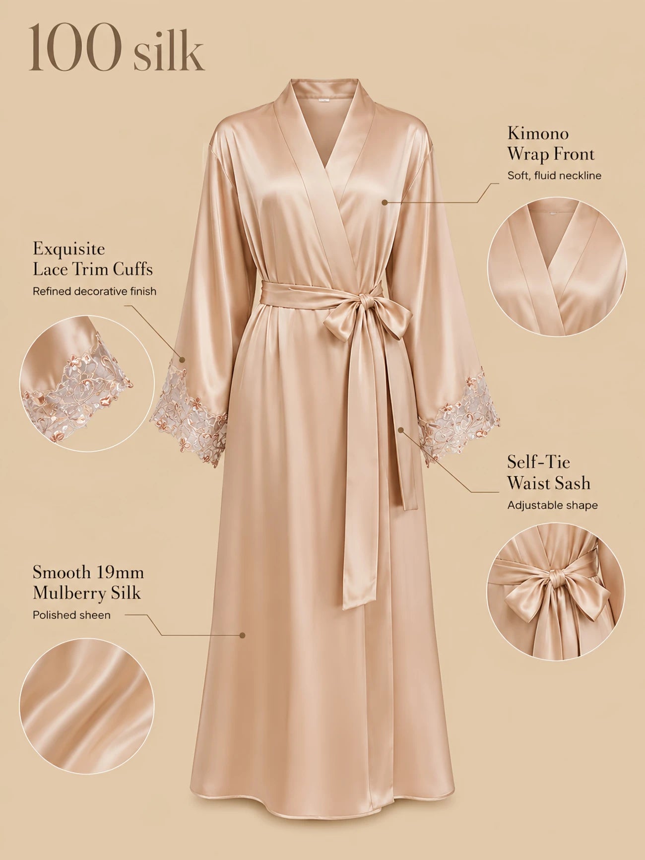 Silkgala 19mm 100% mulberry silk kimono robe detail image showing a wrap-front neckline, self-tie waist sash, exquisite lace-trim cuffs, long robe silhouette, and smooth silk drape.