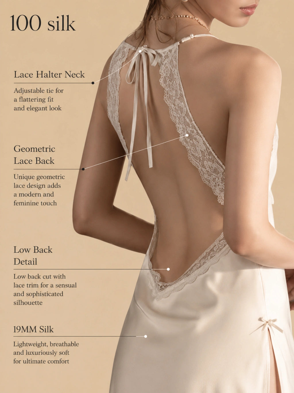 White 19mm silk lace halter micro dress with tie neck, geometric lace back, and low open back detail
