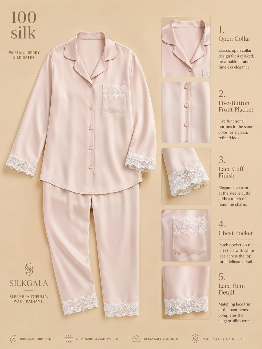 Light pink 19mm mulberry silk pajama set with open collar, five same-color front buttons, white lace-trim chest pocket, lace cuff detail, and straight pants with lace hem shown in a flat-lay product detail image.