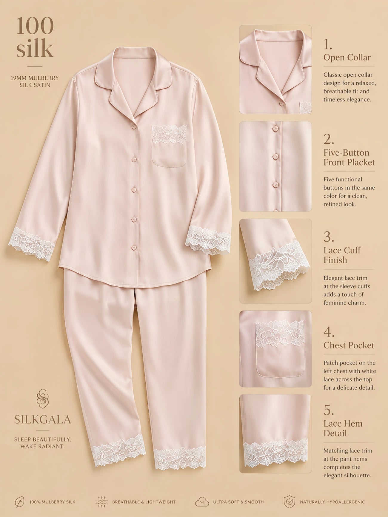 Light pink 19mm mulberry silk pajama set with open collar, five same-color front buttons, white lace-trim chest pocket, lace cuff detail, and straight pants with lace hem shown in a flat-lay product detail image.