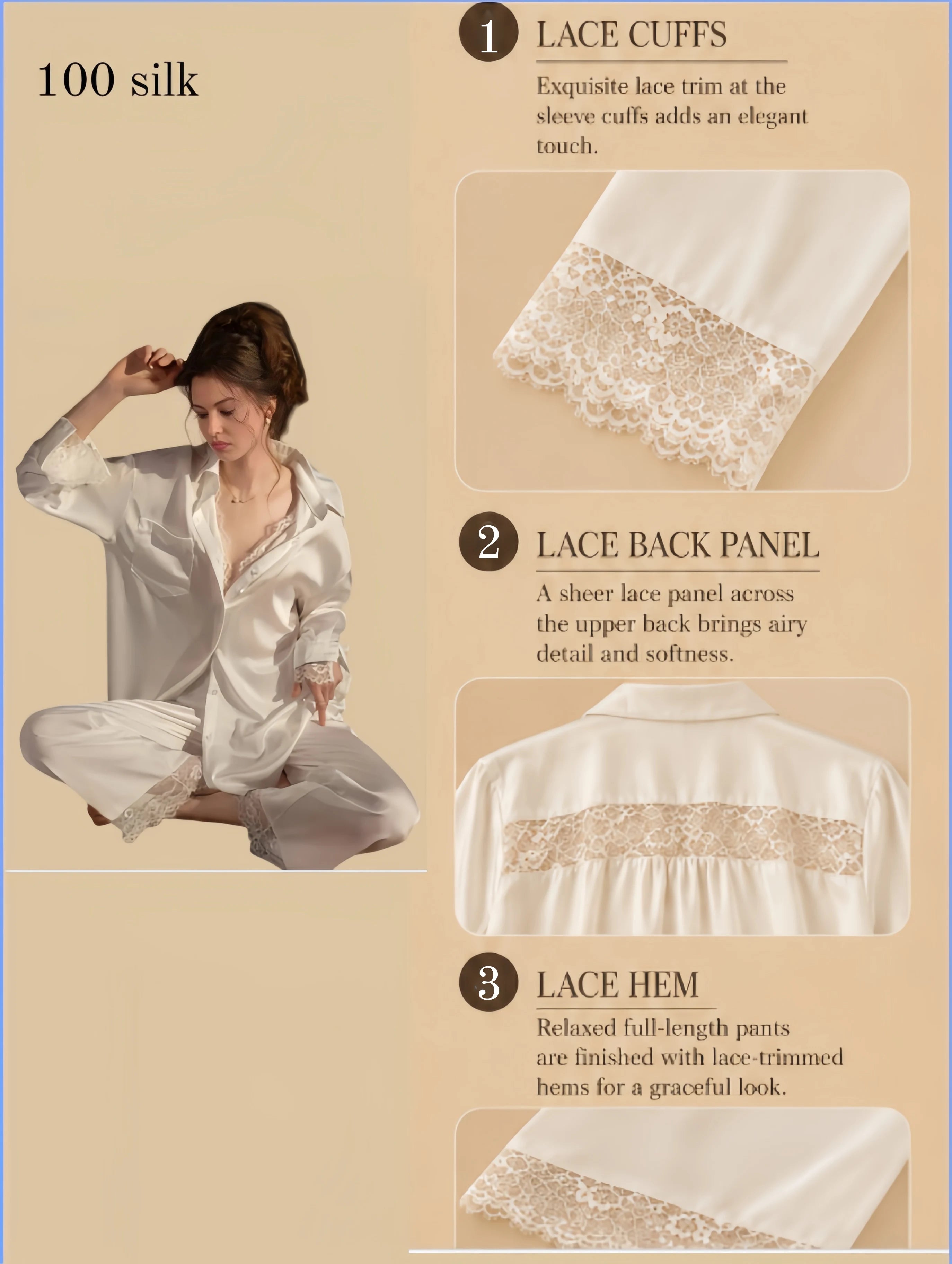 Silkgala white silk pajama set flat lay with shirt-style collar, lace neckline detail, lace cuffs, sheer lace back panel, and lace-trim full-length pants on beige background.