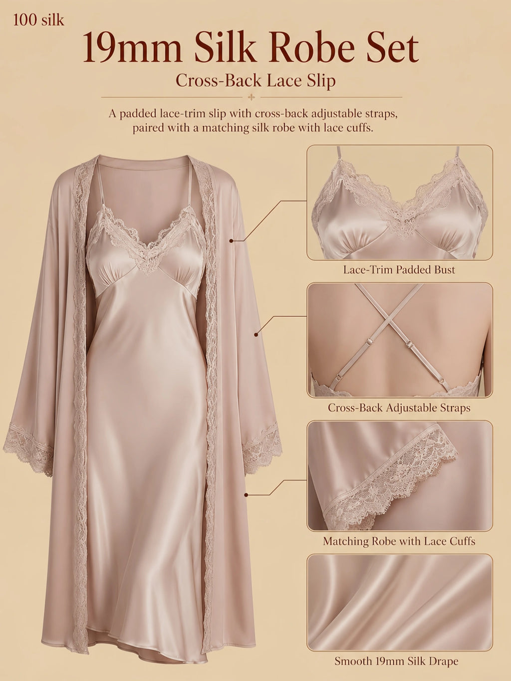 19mm pink silk robe set with padded lace slip, cross-back straps, matching lace-cuff robe, and smooth drape