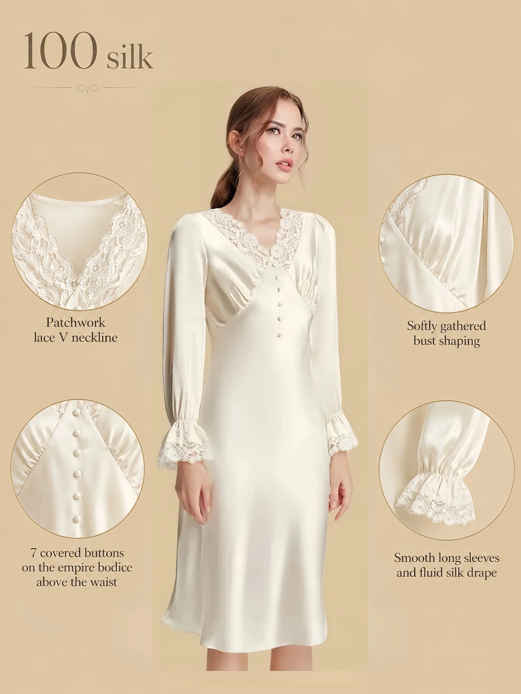 Silkgala 19mm 100% mulberry silk patchwork lace nightdress detail image showing a lace-trim V neckline, 7-button empire bodice, long sleeves, knee-length straight hem, and smooth silk drape.