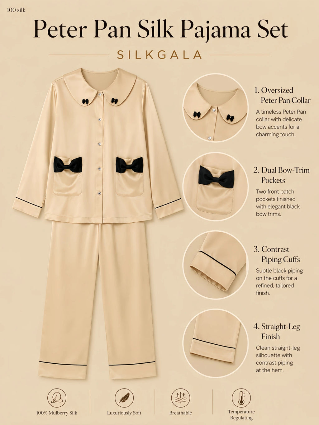 Silkgala 19mm Peter Pan silk pajama set flat lay in champagne with oversized collar, bow-trim details, two front patch pockets, long sleeves, contrast piping cuffs, and straight-leg pants on beige background.