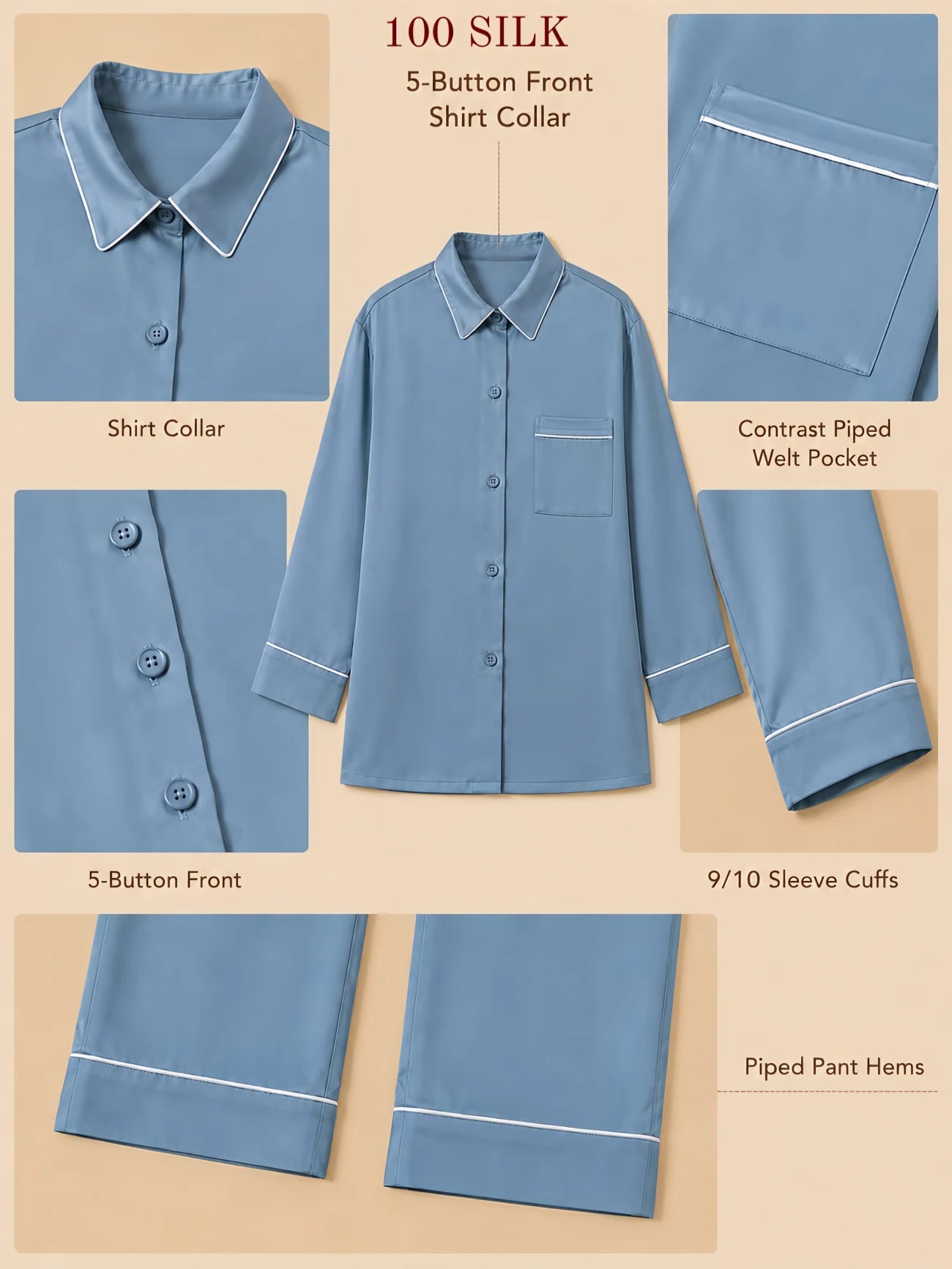 Silkgala 19mm blue mulberry silk pajama set detail graphic showing a shirt collar with white piping, five-button front, contrast welt pocket, 9/10 sleeve cuffs, and piped pant hems.