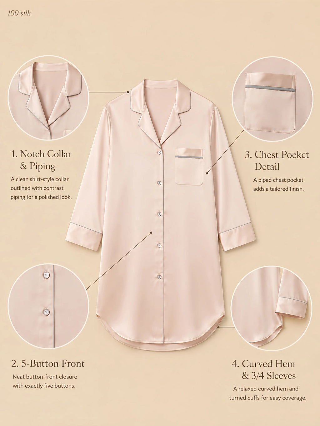 Silkgala 19mm 100% mulberry silk piped sleepshirt detail image showing a notch collar, contrast piping, chest pocket, 5-button front, curved hem, and 3/4 sleeves.
