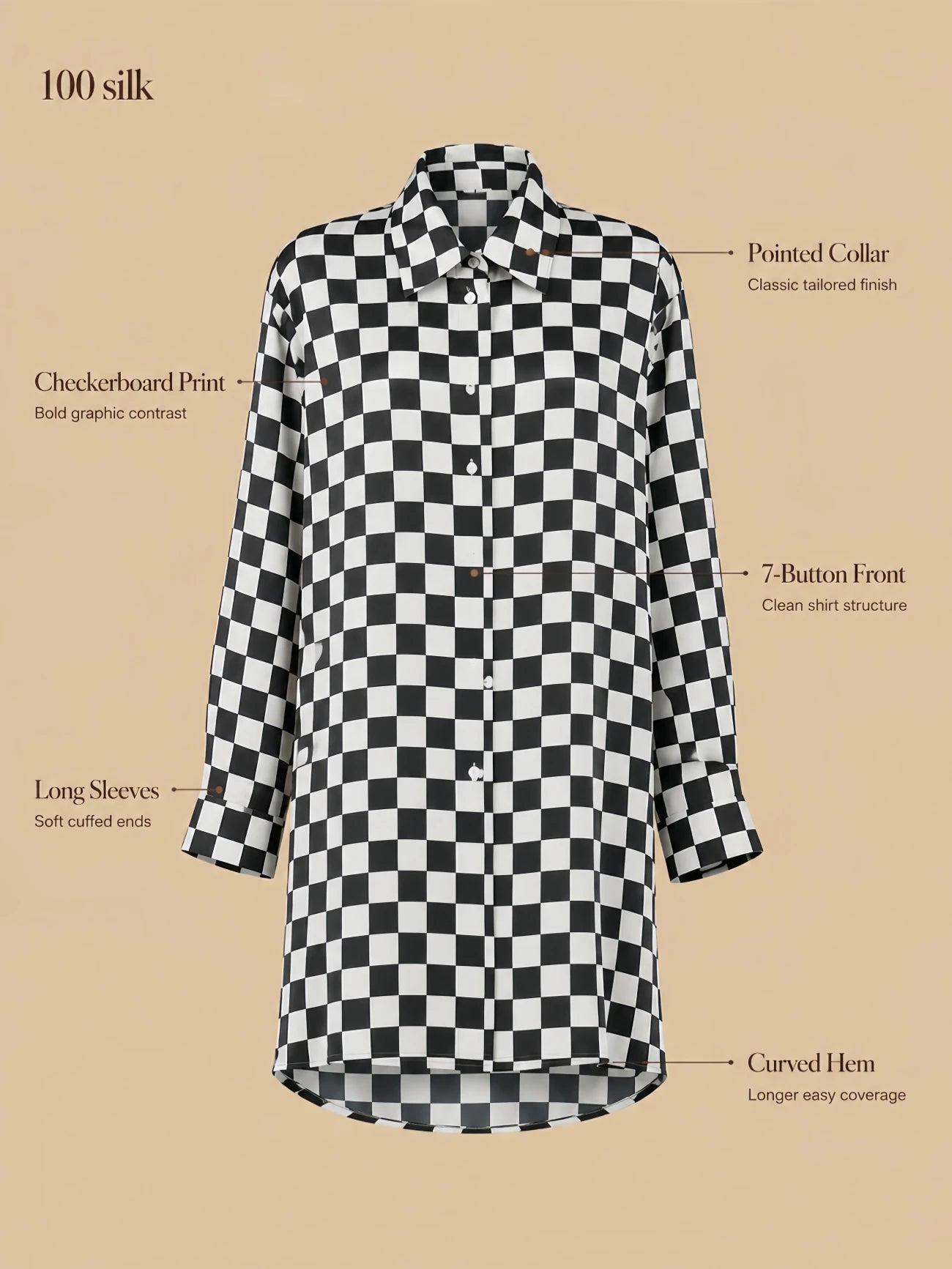 Silkgala 19mm 100% mulberry silk plaid sleepshirt detail image showing a checkerboard print, pointed collar, 7 white-button front placket, long sleeves, and curved hem.