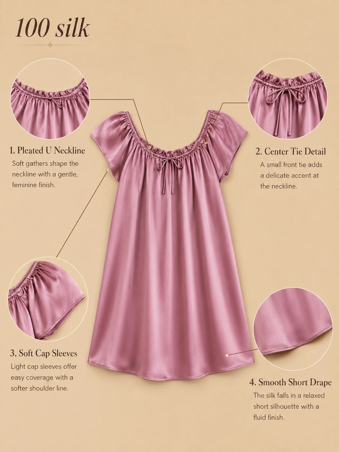 Silkgala 19mm 100% mulberry silk pleated U-neck sleep dress detail image showing a center tie neckline, soft cap sleeves, and smooth short drape.