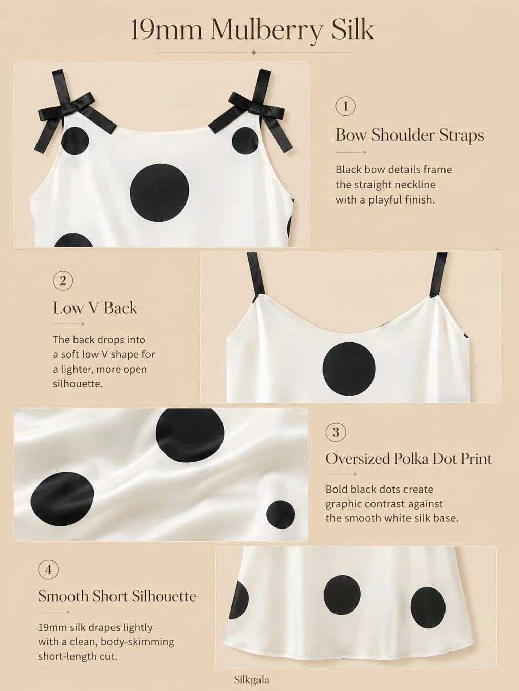 19mm silk polka dot nightgown with bow shoulder straps and low V-back detail.