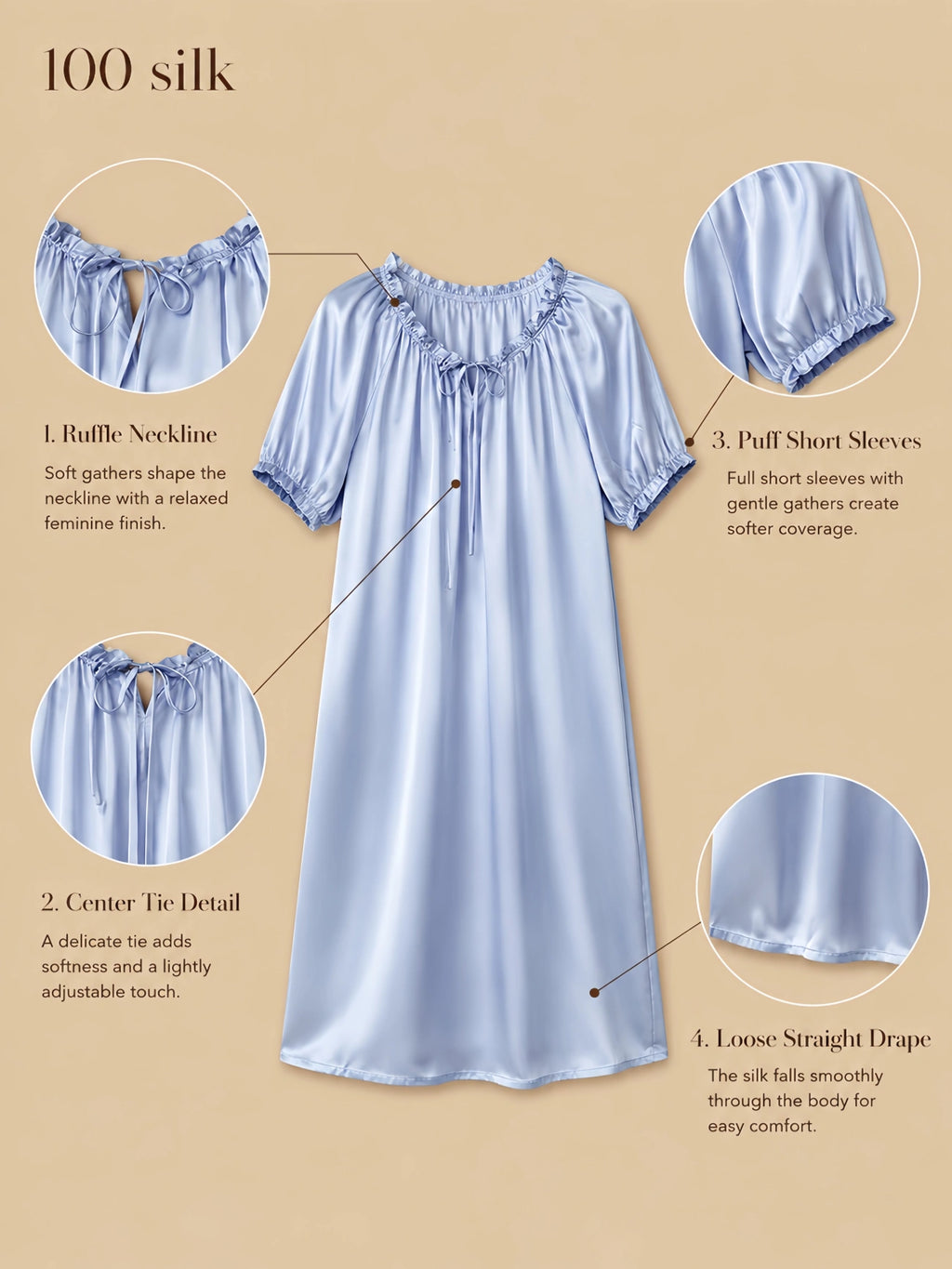 Silkgala 19mm 100% mulberry silk sleep dress detail image showing a ruffle neckline, center tie detail, puff short sleeves, and loose straight drape.