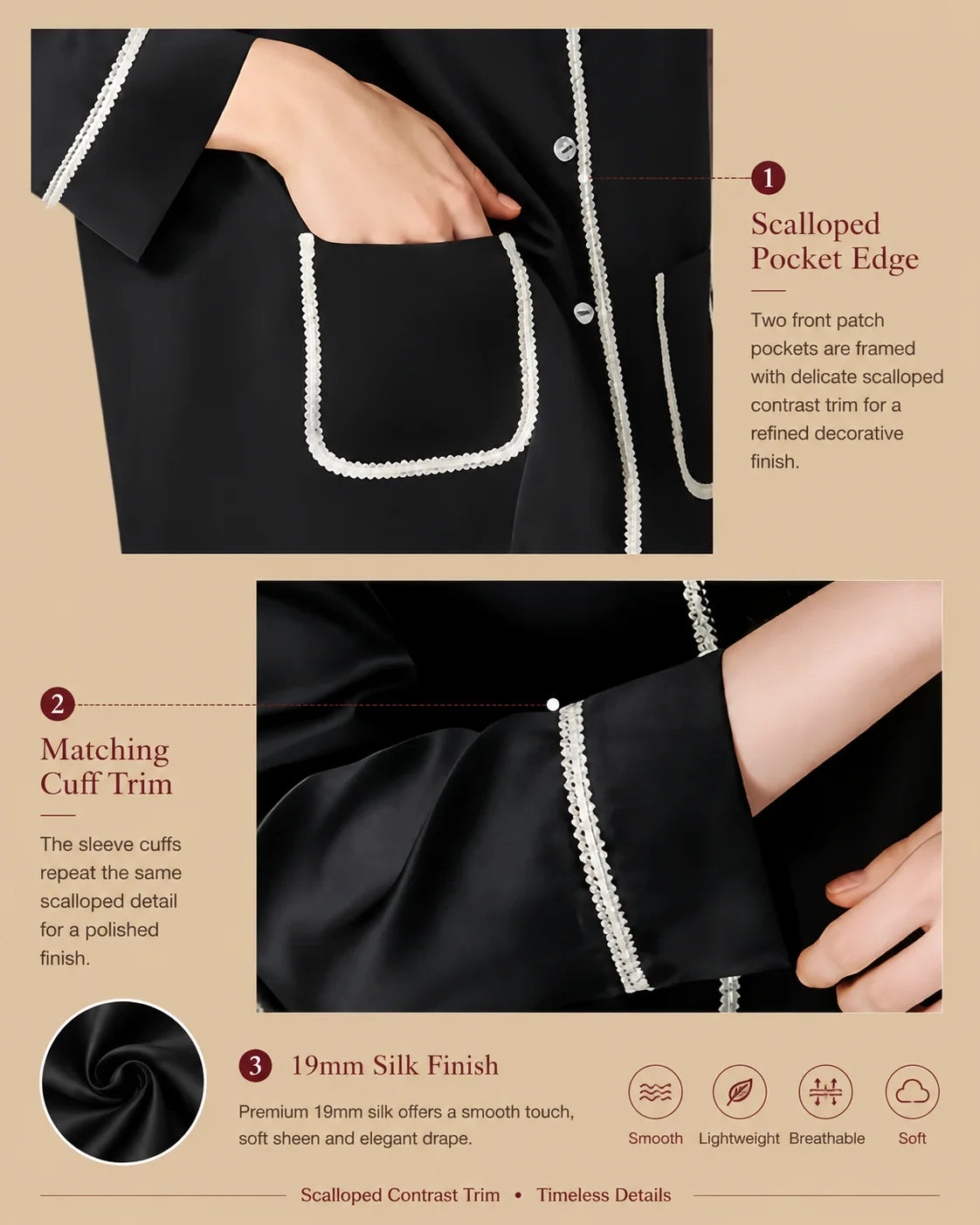 Silkgala 19mm black scalloped-trim silk pajama set detail image showing two front patch pockets, contrast scalloped pocket edges, button placket, and matching cuff trim on beige background.