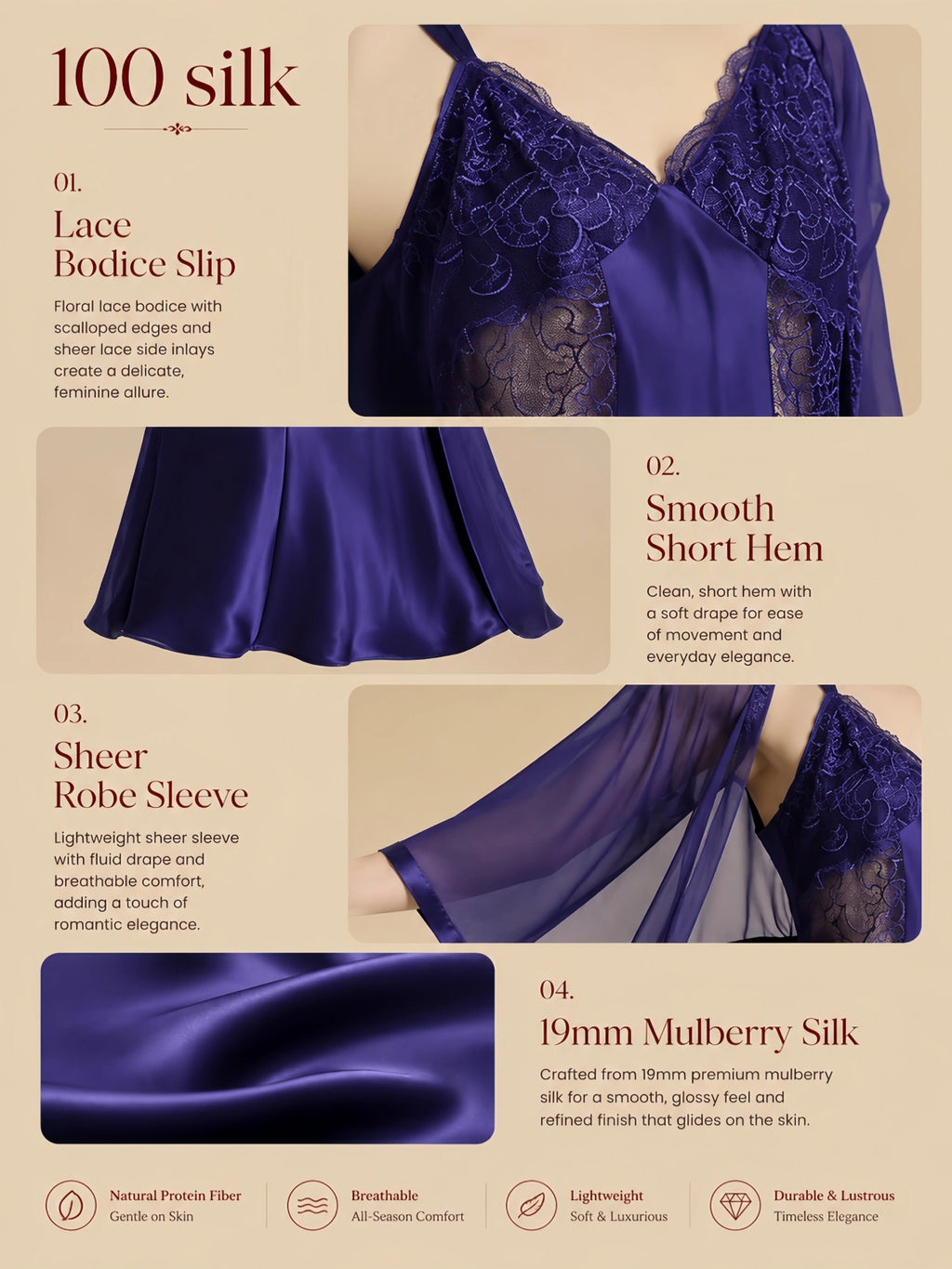 19mm purple silk sheer robe set with lace bodice slip, sheer robe sleeves, lace side panels, and smooth short hem