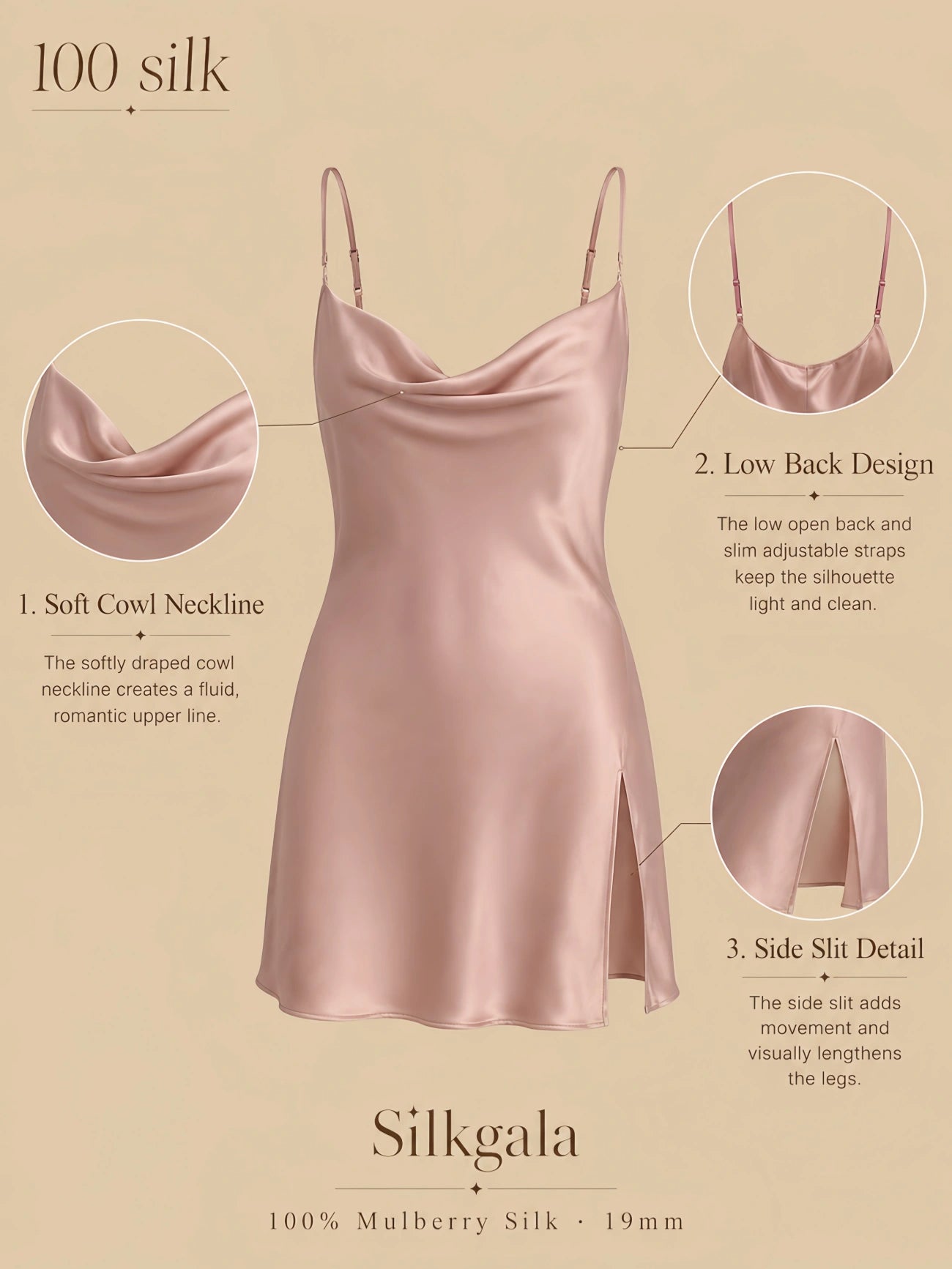 Silkgala 19mm 100% mulberry silk short slip detail image showing a soft cowl neckline, low back design, adjustable spaghetti straps, and side slit.