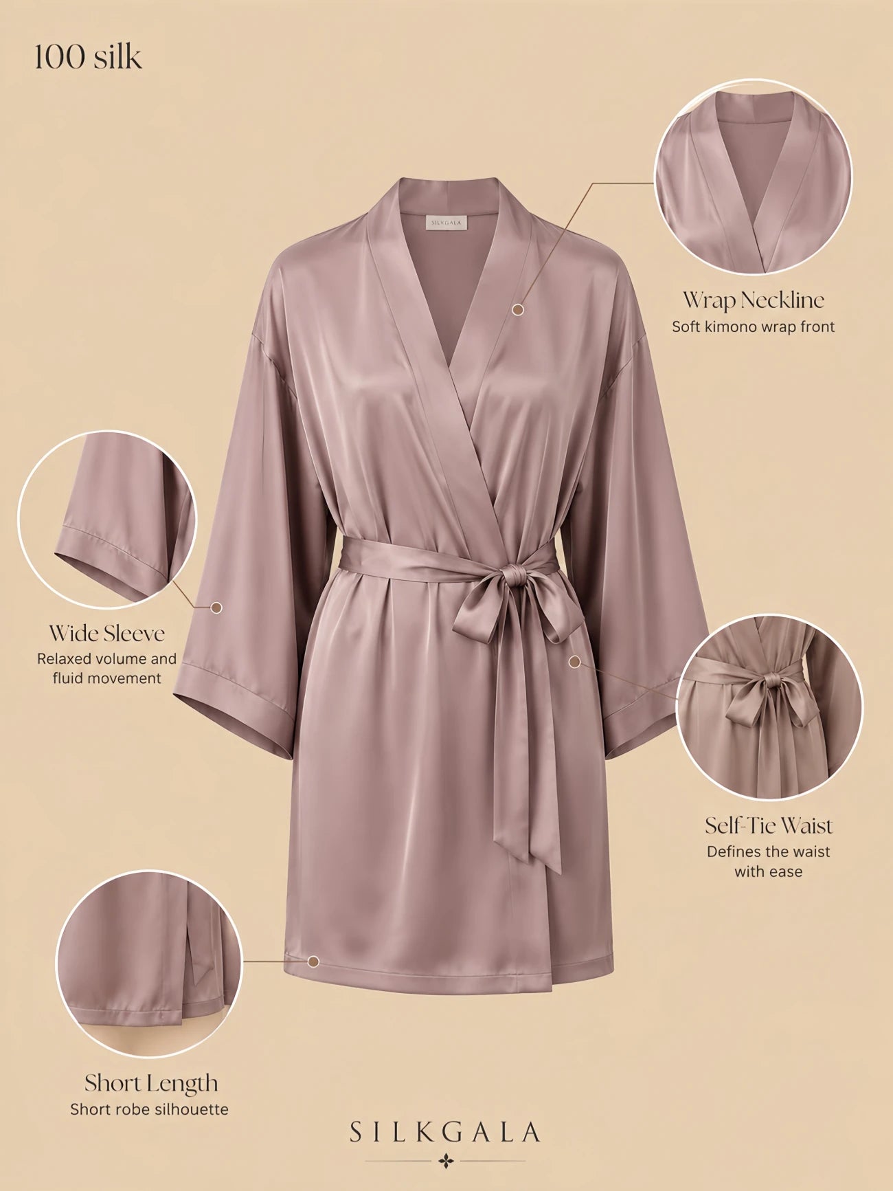 Silkgala 19mm 100% mulberry silk short bathrobe detail image showing a kimono wrap neckline, self-tie waist belt, wide sleeves, and a smooth short robe silhouette.