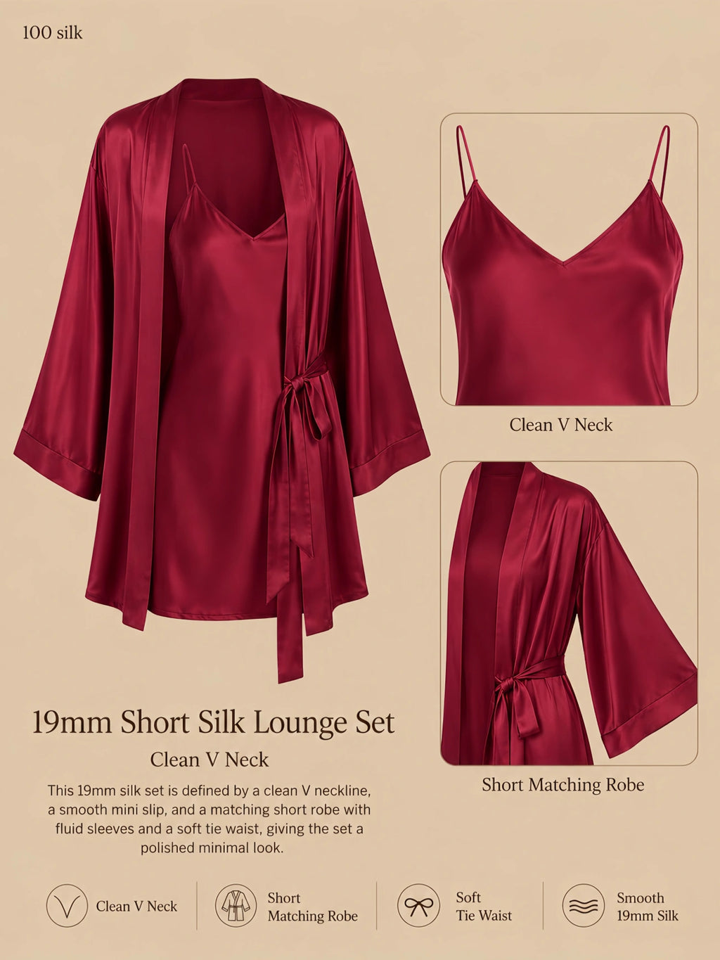 19mm burgundy silk short lounge set with clean V-neck slip, matching short robe, tie waist, and smooth drape
