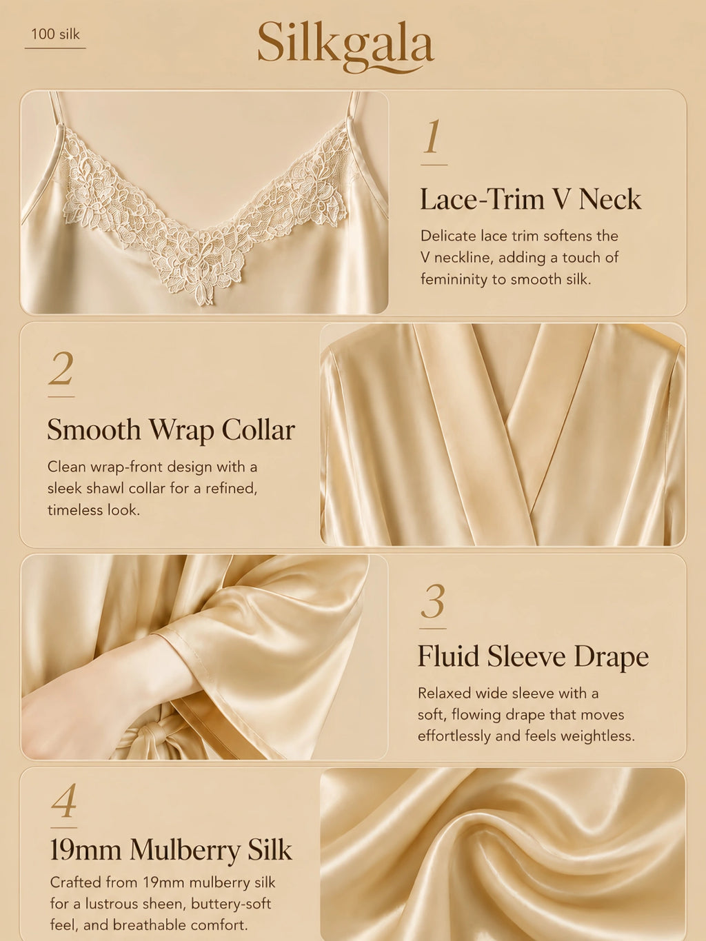 Champagne 19mm silk robe set with lace V-neck and smooth sleeve