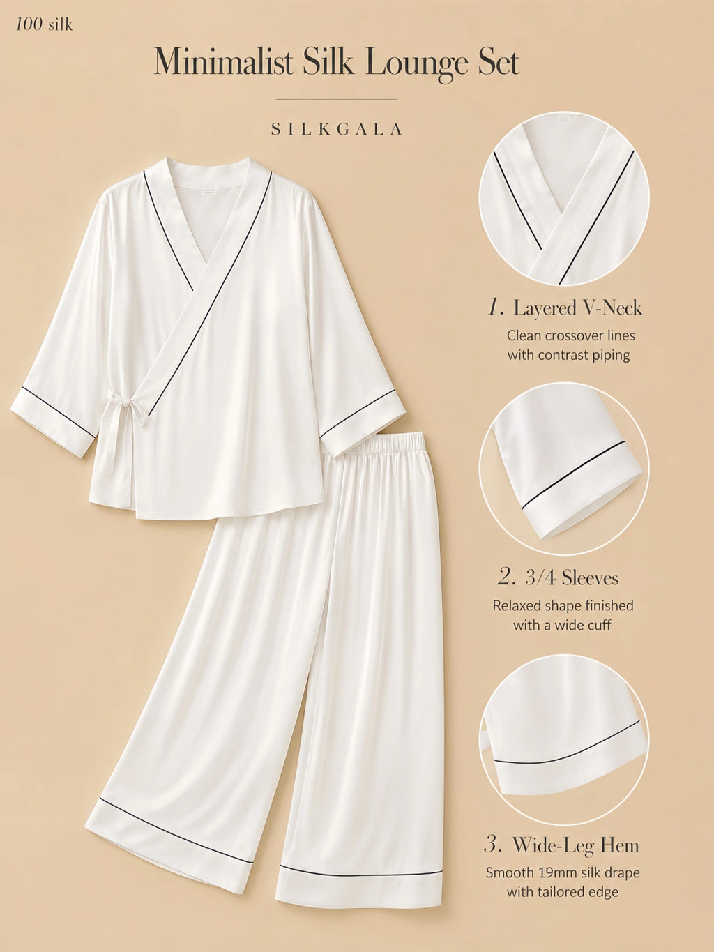 Silkgala 19mm white silk 3/4 sleeve pajama set flat lay with layered V-neck, contrast piping, wide cuffs, and wide-leg hem detail on beige background.
