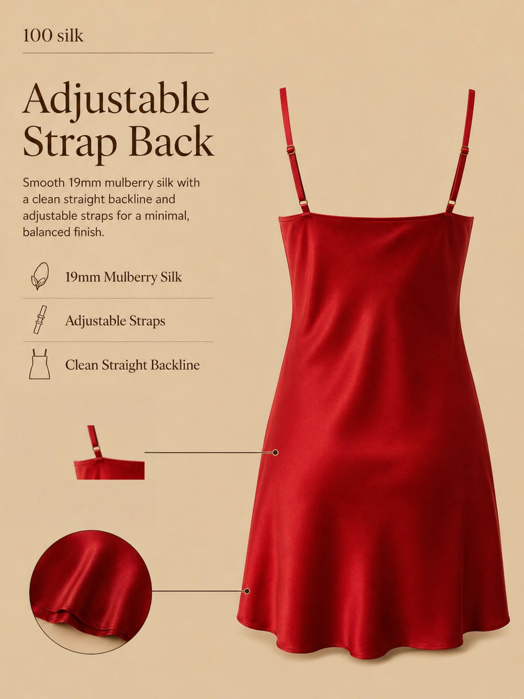 Red 19mm mulberry silk A-line mini dress with adjustable straps and clean straight backline