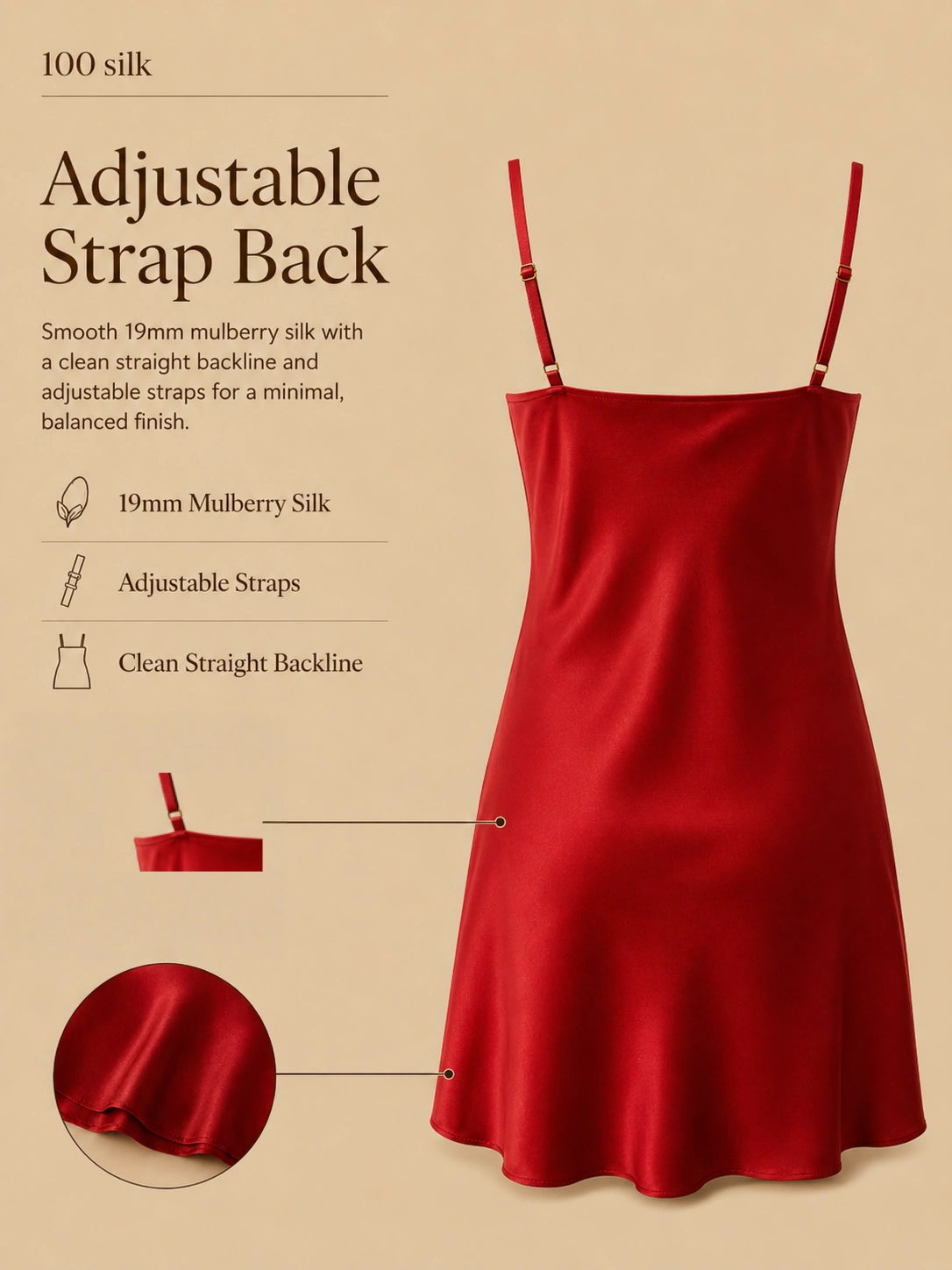 Red 19mm mulberry silk A-line mini dress with adjustable straps and clean straight backline