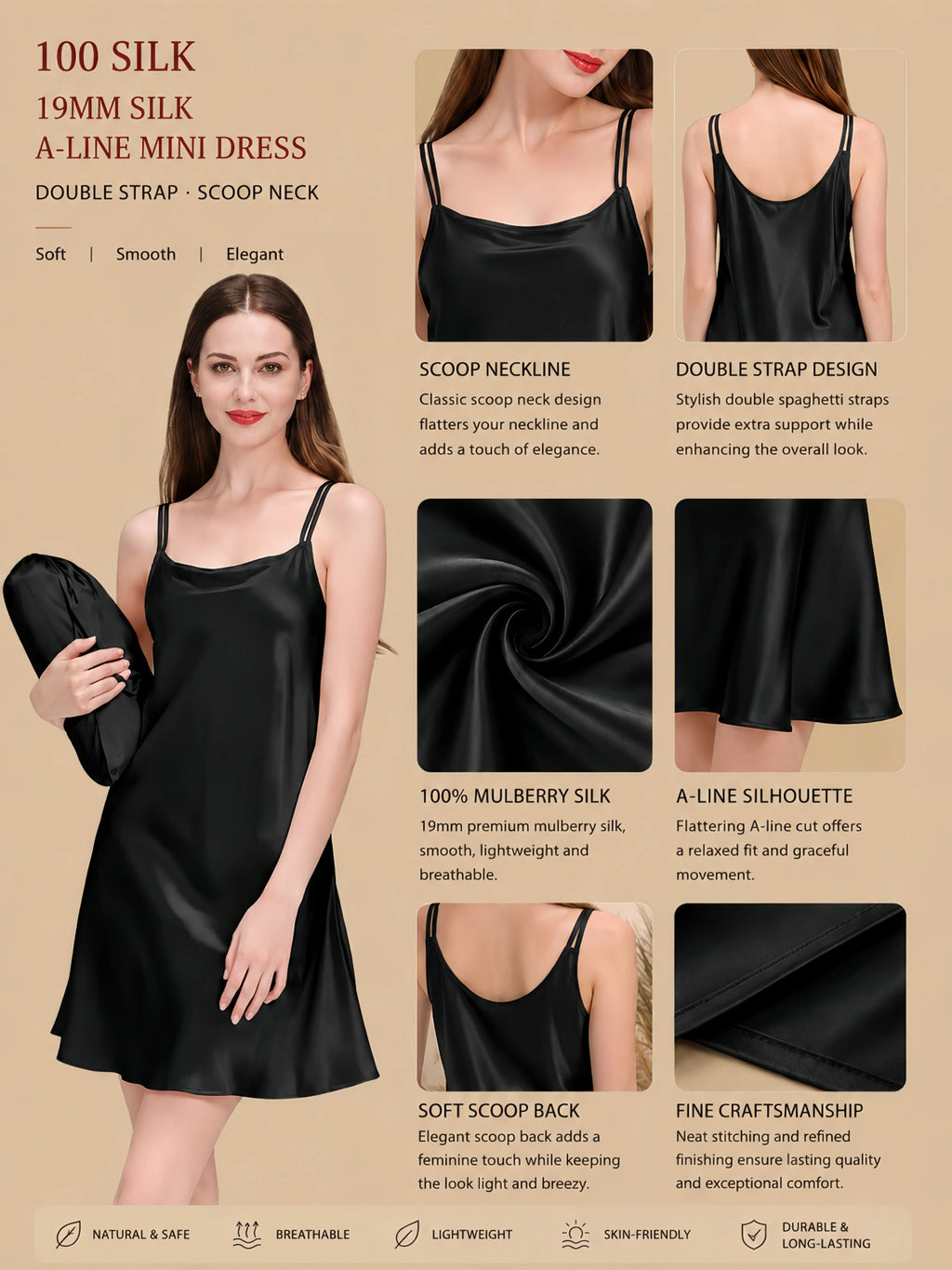 19mm black mulberry silk A-line mini dress with double straps, scoop neck, scoop back, and smooth drape