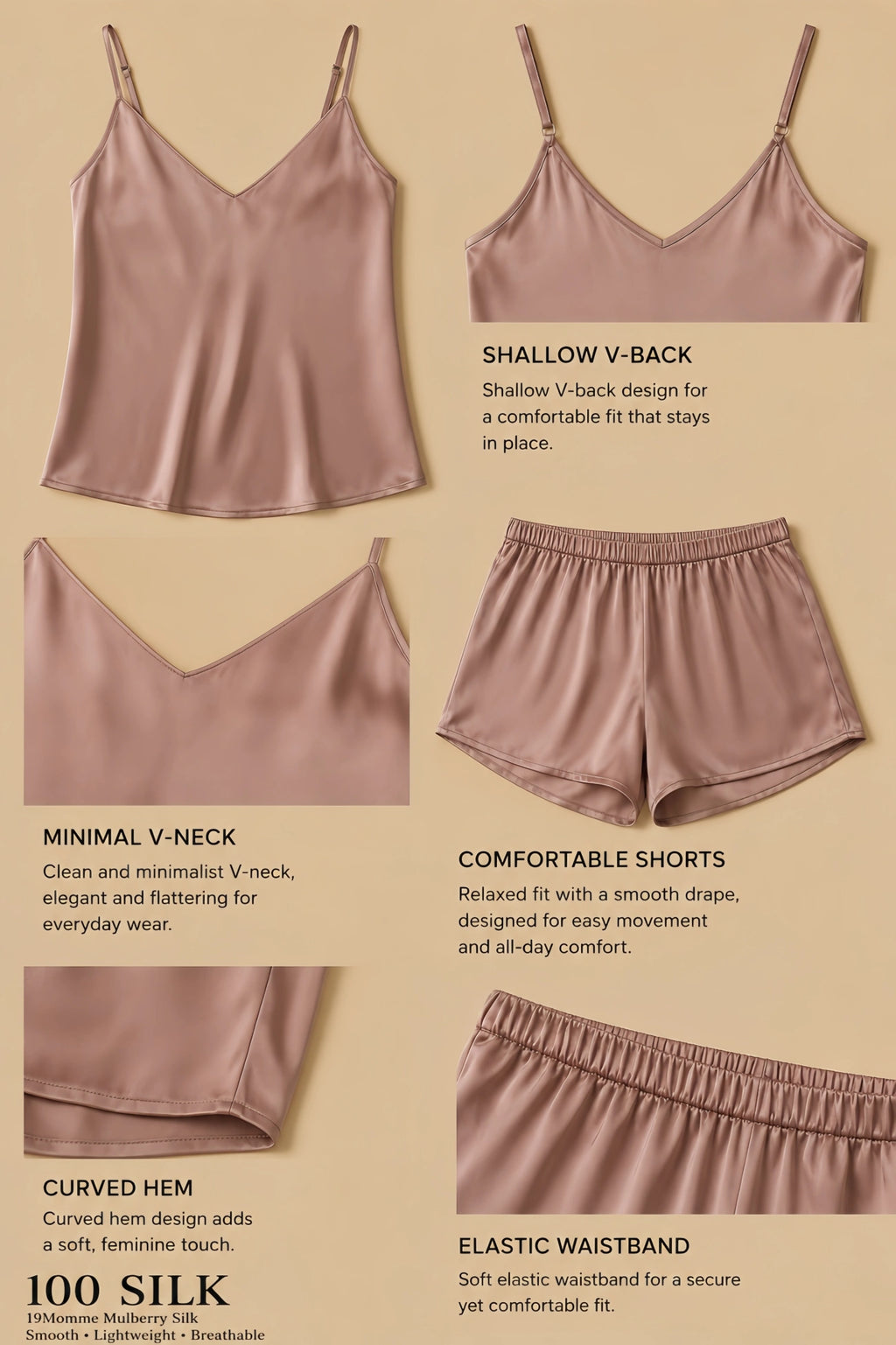 19mm dusty rose silk cami lounge set with minimal V-neck, shallow V-back, adjustable straps, and elastic-waist shorts