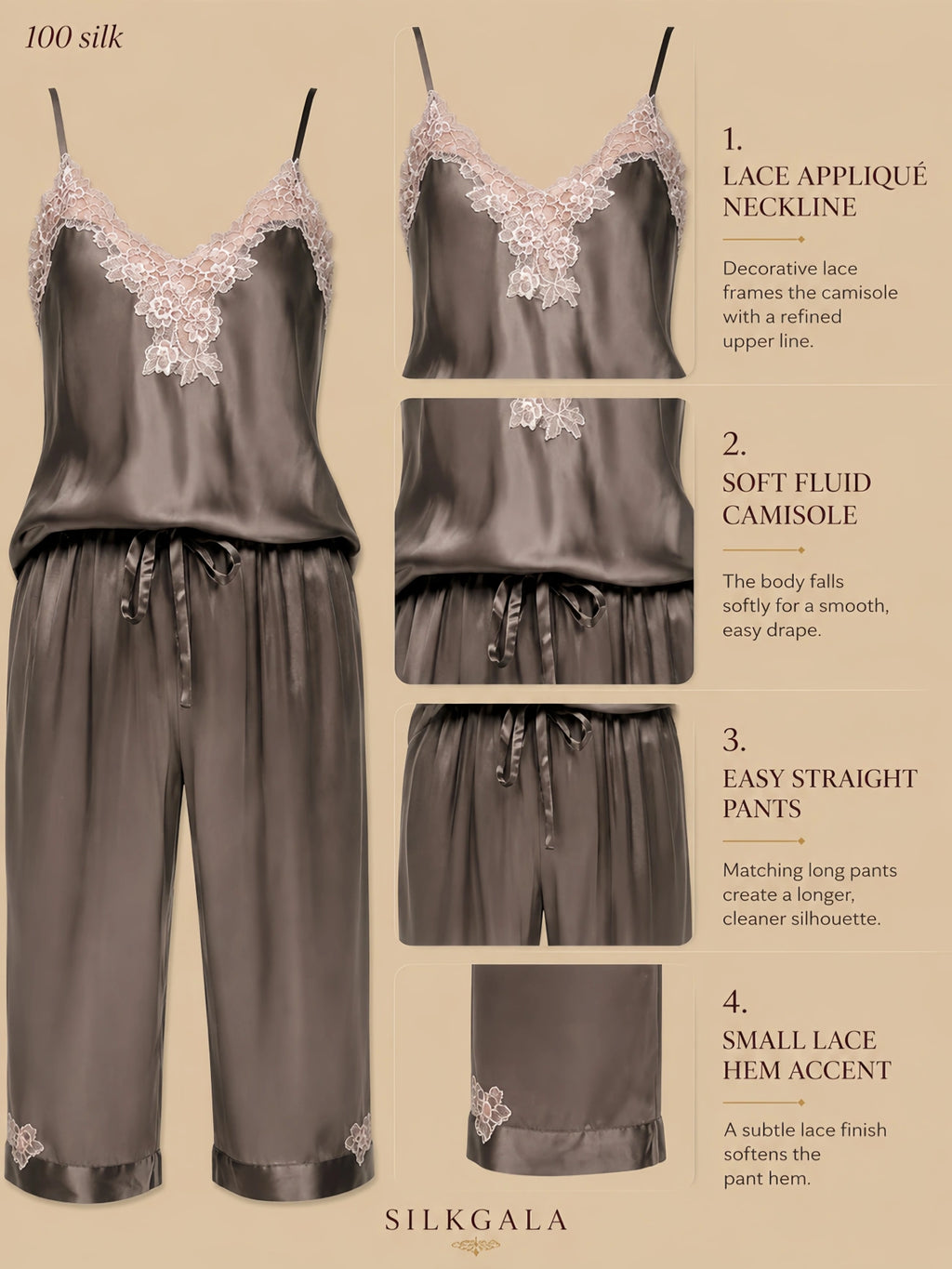 19mm dark brown silk cami set with lace appliqué neckline, drawstring pants, lace hem accents, and smooth drape