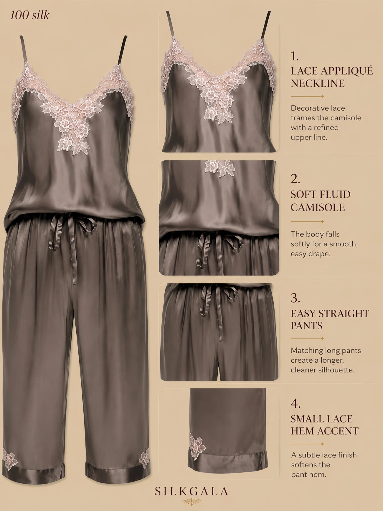 19mm dark brown silk cami set with lace appliqué neckline, drawstring pants, lace hem accents, and smooth drape
