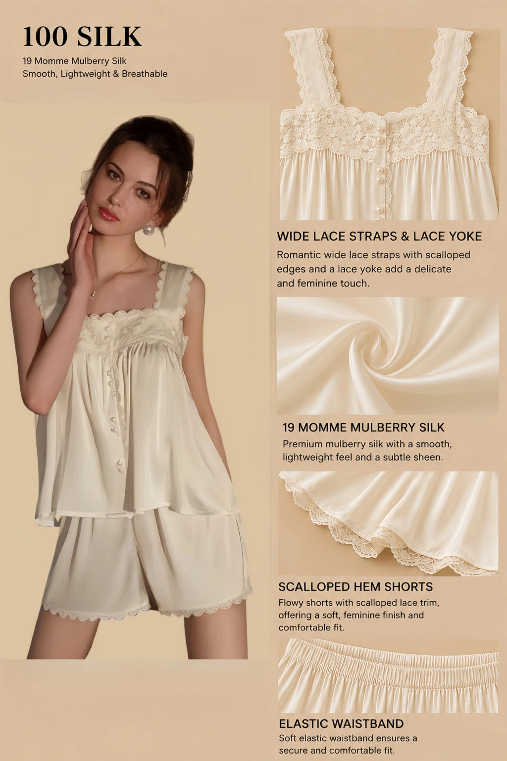 19mm ivory silk cami set with wide lace straps, gathered lace yoke, pearl button front, scalloped shorts, and elastic waistband