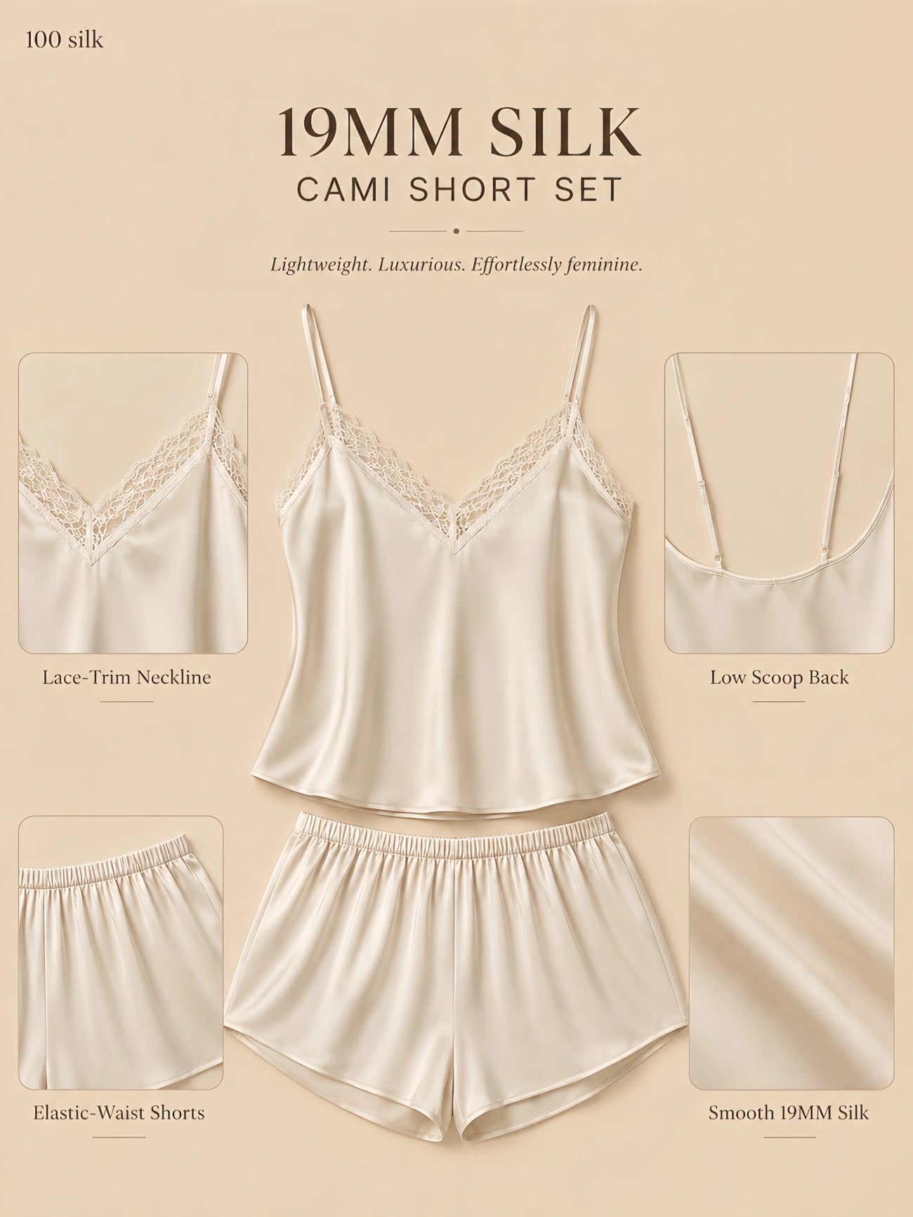 19mm ivory silk cami short set with lace V-neck, low scoop back, adjustable straps, and elastic-waist shorts