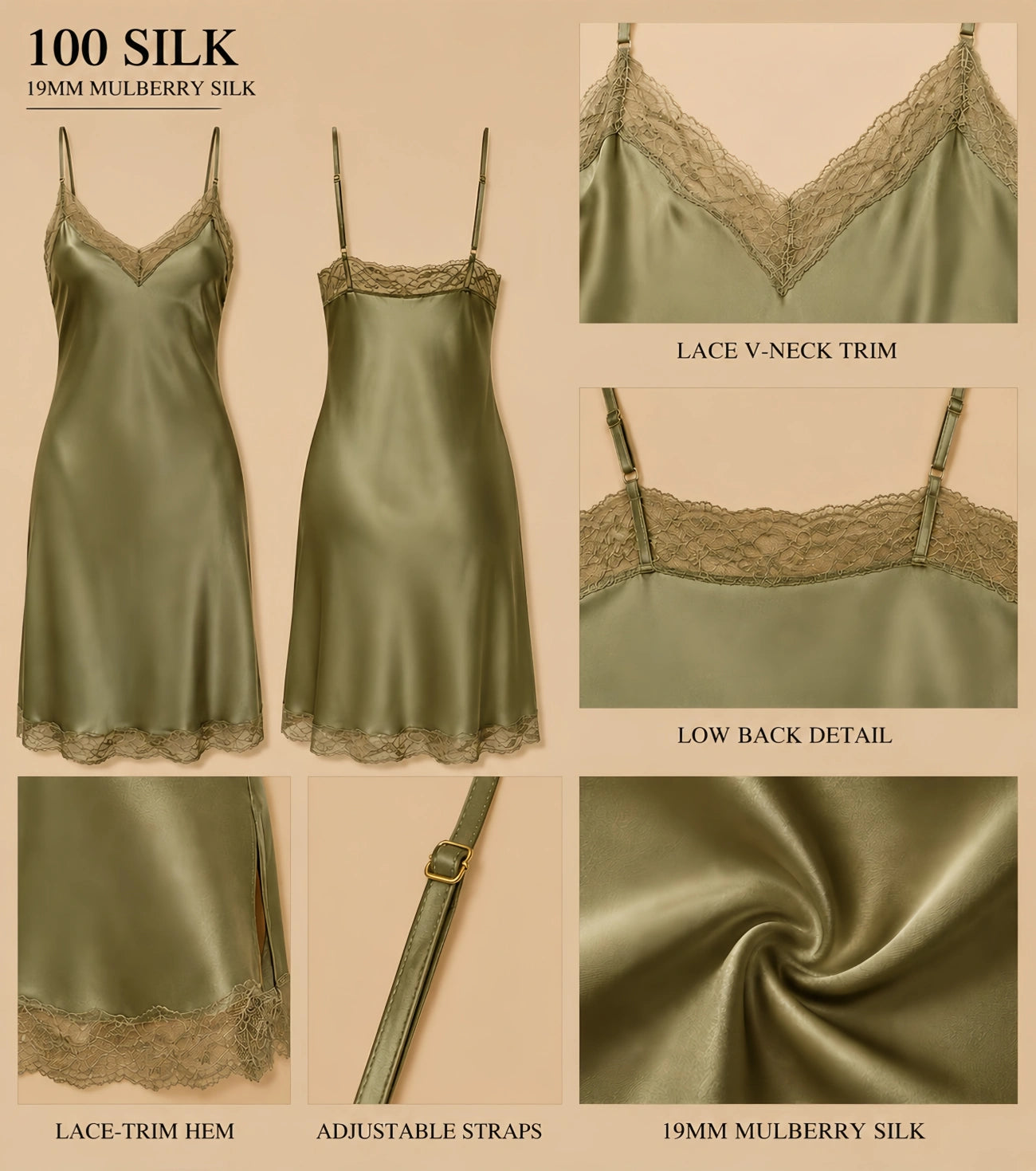 19mm olive green silk slip dress with lace V-neck, low back, adjustable straps, lace hem, and smooth drape