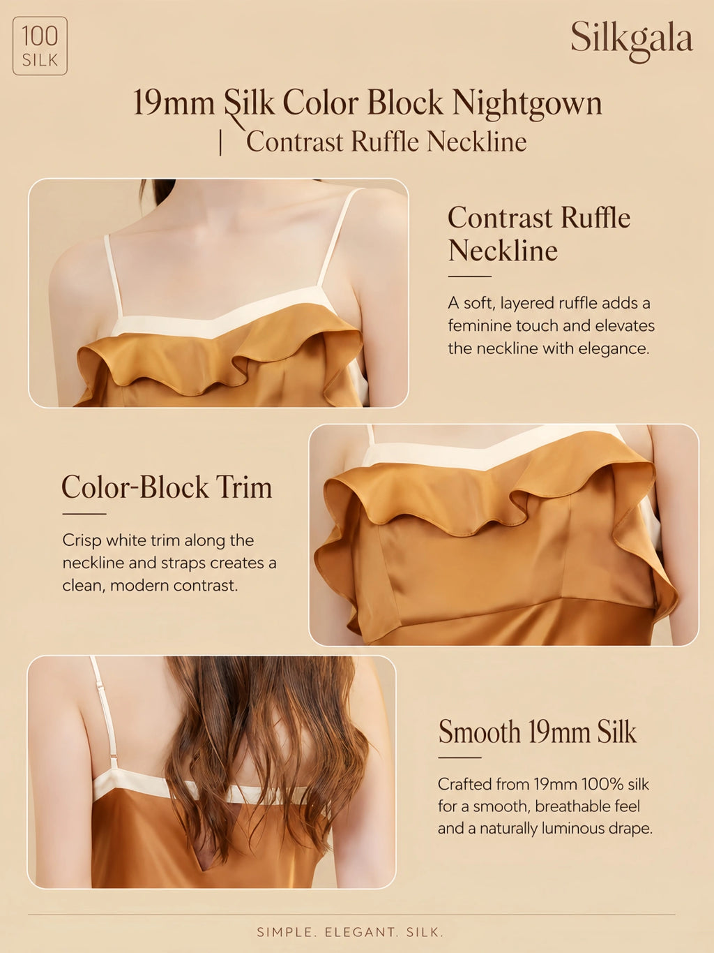 19mm silk color-block nightgown with contrast ruffle neckline and back detail