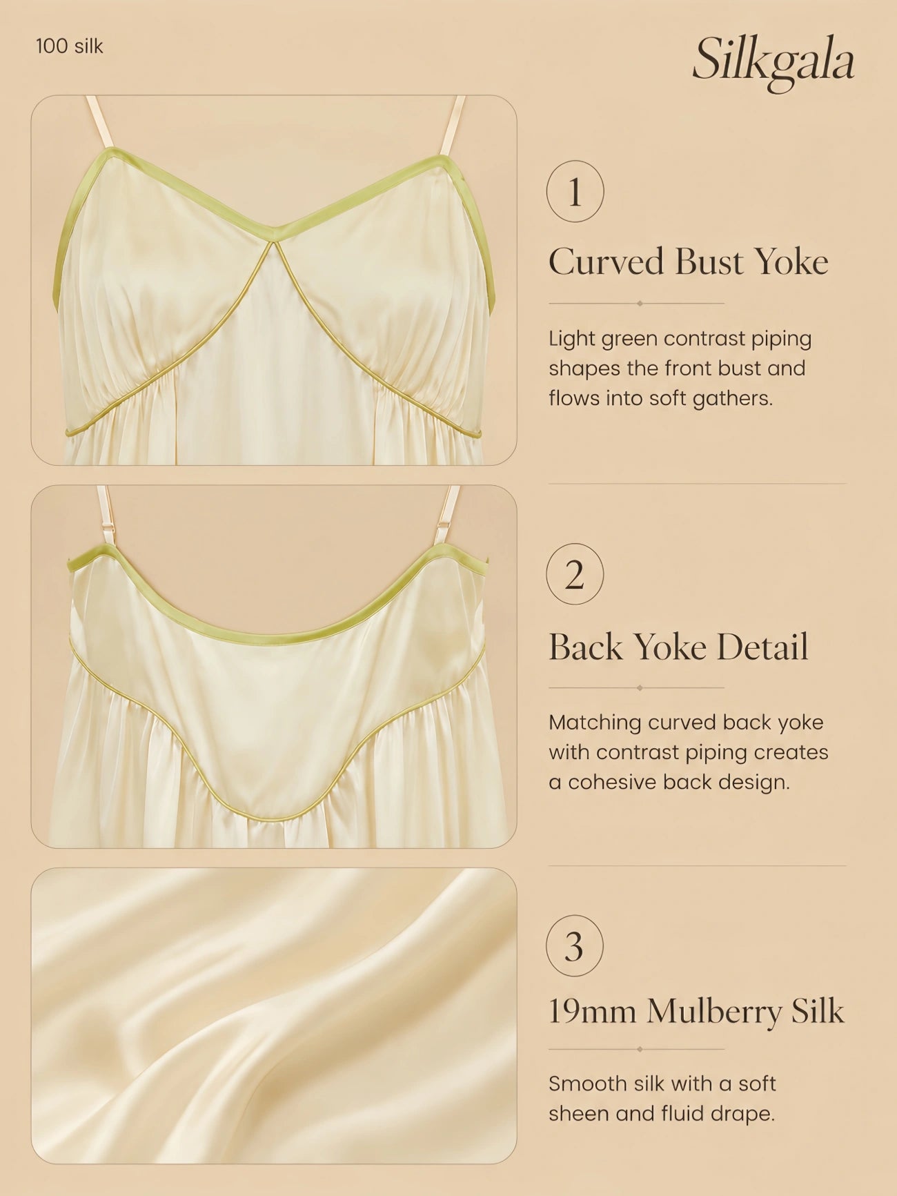 19mm silk contrast yoke dress with curved bust detail, matching back yoke, and soft silk drape