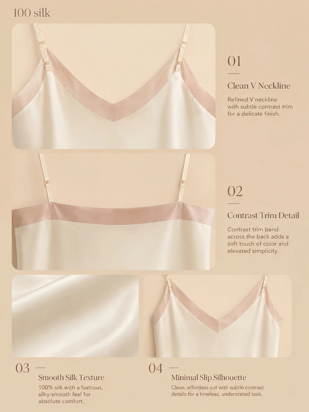 19mm silk contrast trim slip dress detail collage with clean V-neck and low back.