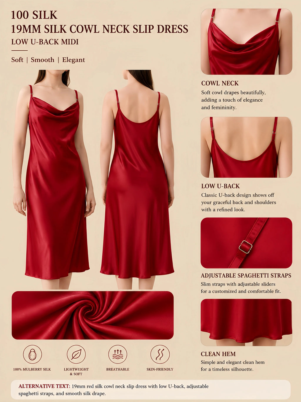 19mm red silk cowl neck slip dress with simple U-back, adjustable straps, and smooth drape