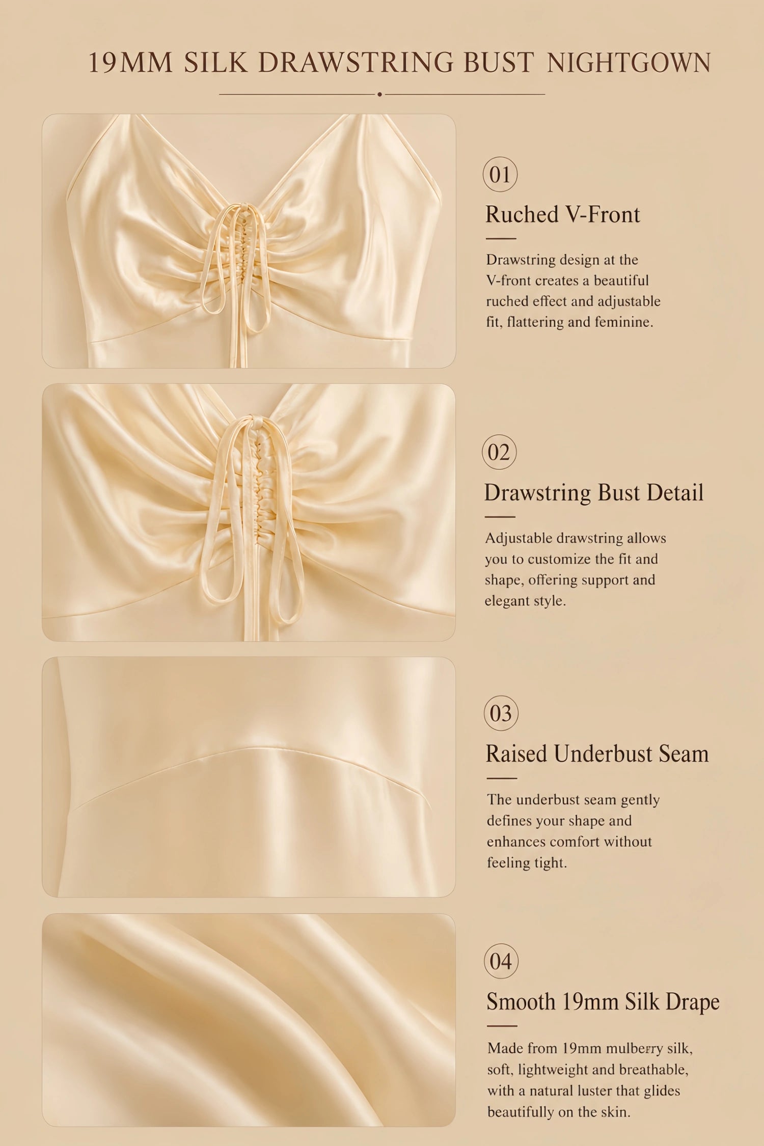 19mm beige silk drawstring bust nightgown with ruched V-front, underbust seam, and smooth silk drape