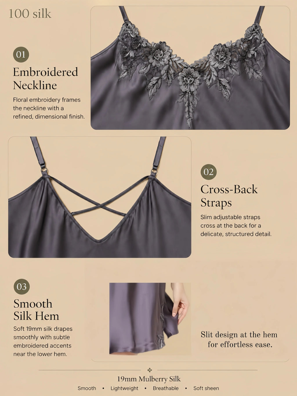 Gray 19mm silk embroidered nightgown with cross-back straps, floral neckline embroidery, subtle side slit, and smooth silk drape