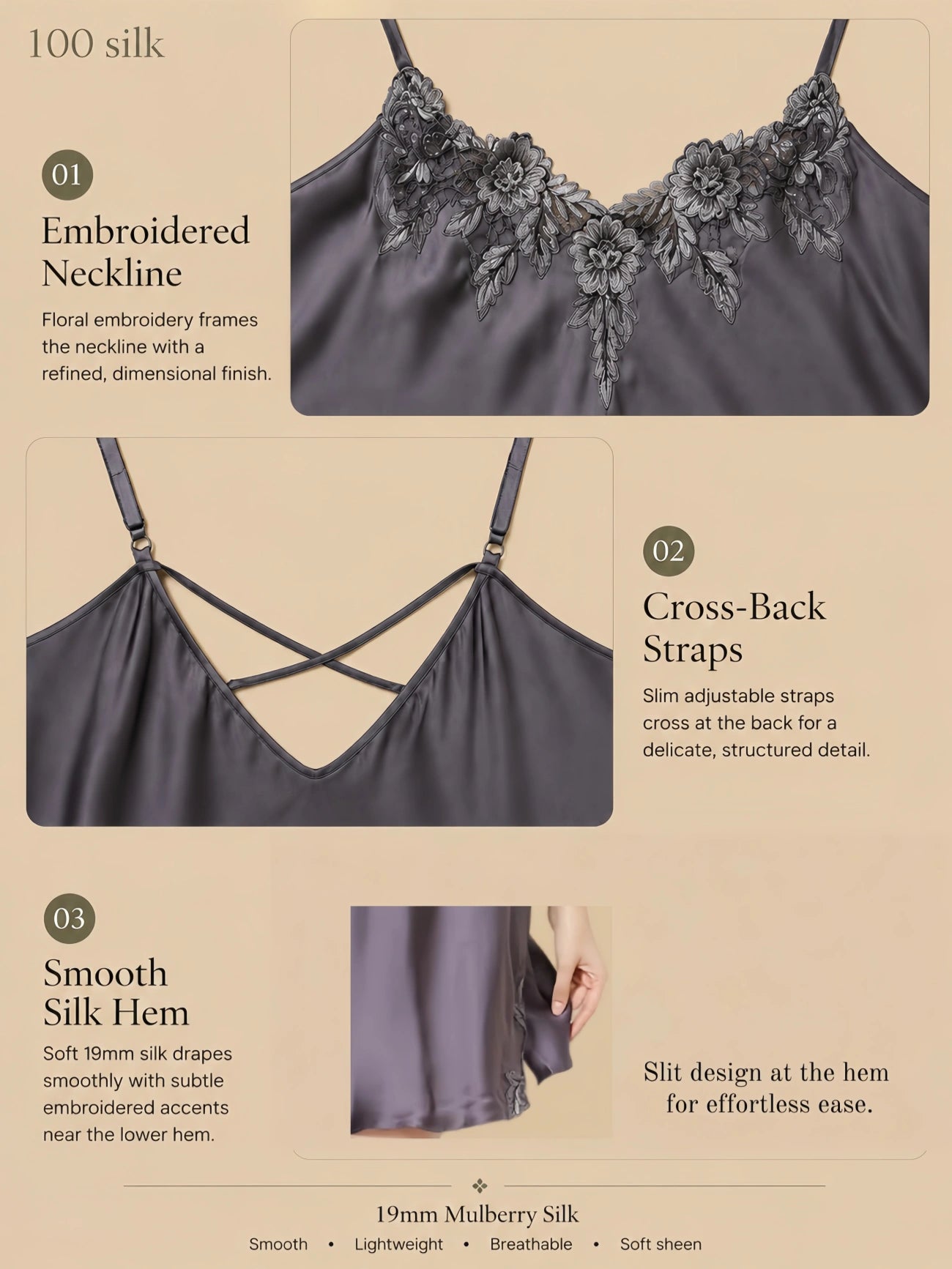 Gray 19mm silk embroidered nightgown with cross-back straps, floral neckline embroidery, subtle side slit, and smooth silk drape