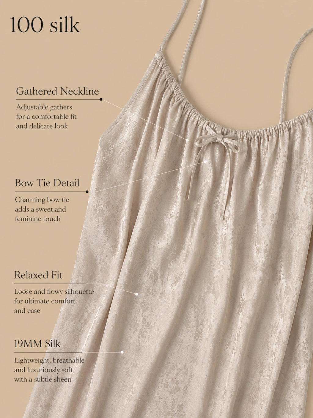 19mm champagne silk gathered nightdress with gathered neckline, bow tie detail, and relaxed drape