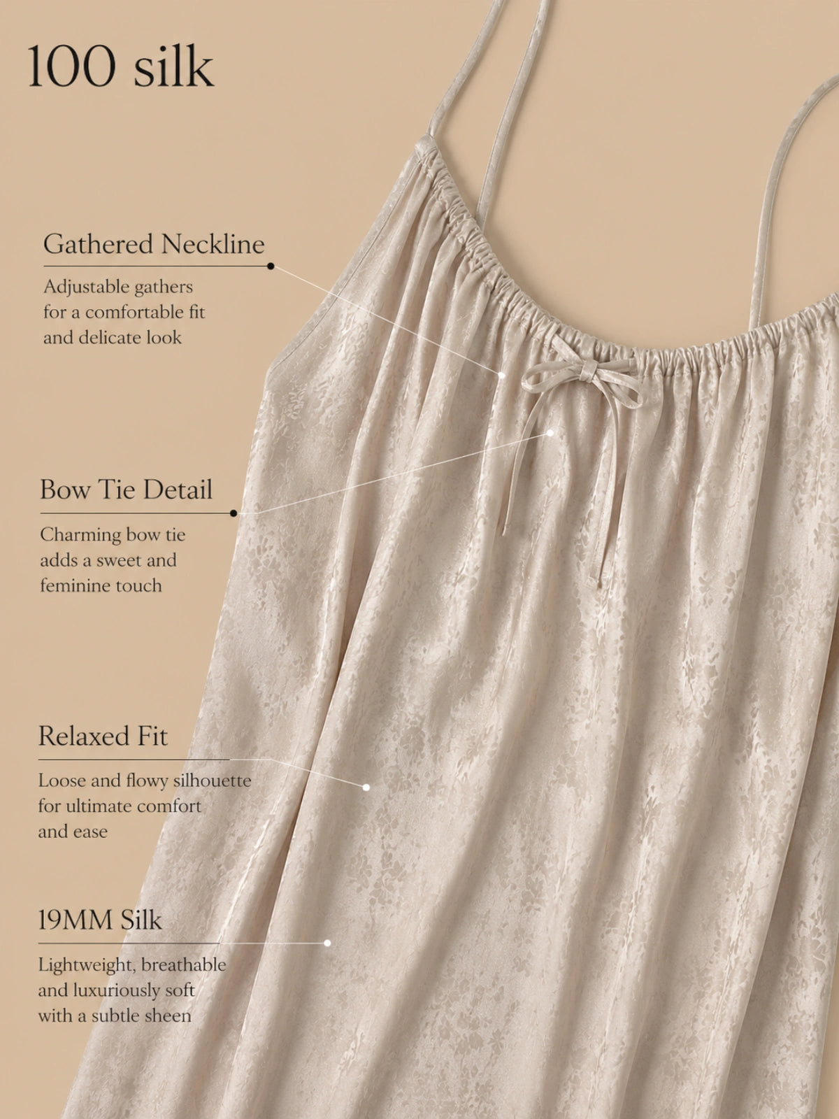 19mm champagne silk gathered nightdress with gathered neckline, bow tie detail, and relaxed drape